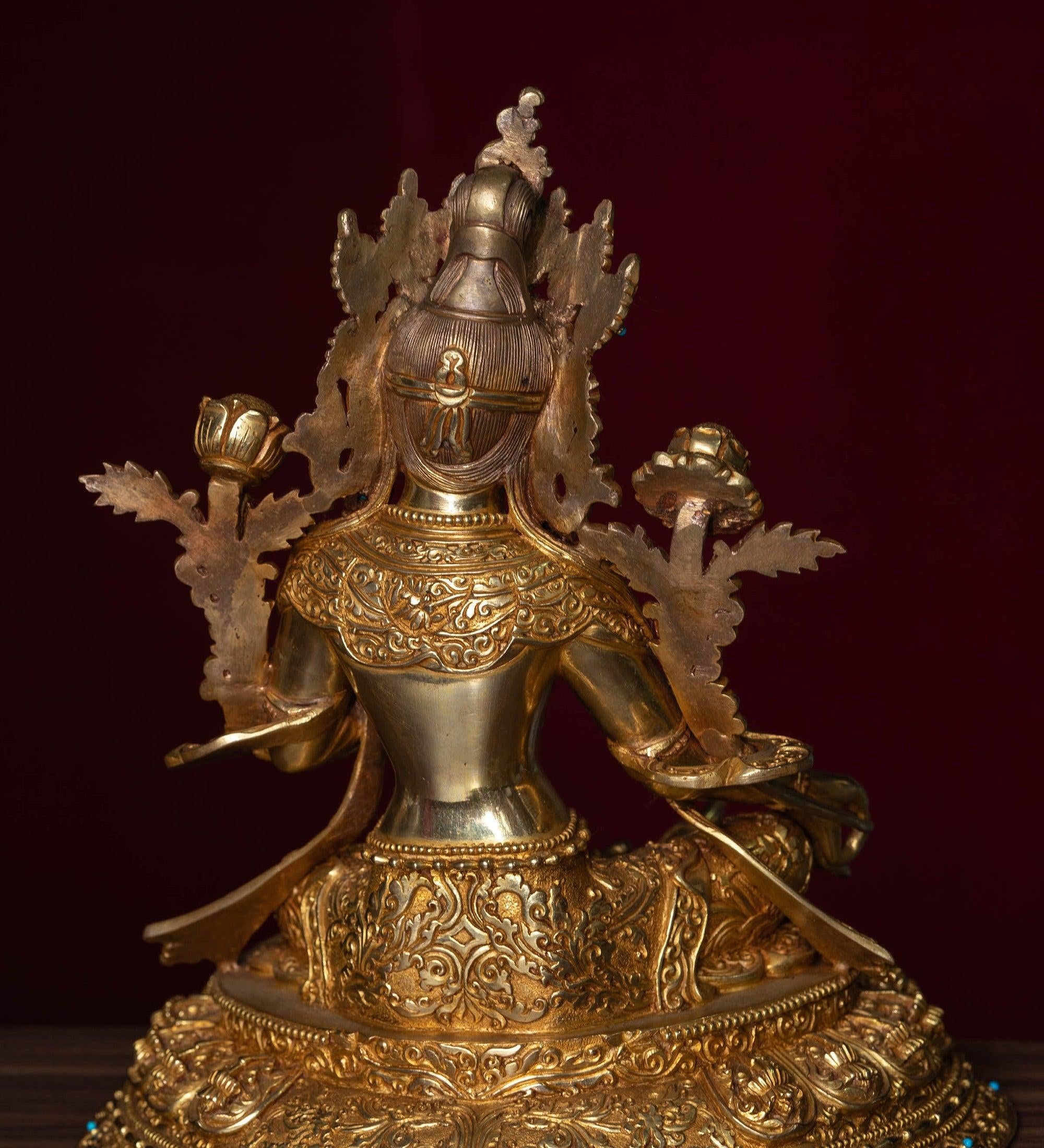 Green tara pure gold statue with coral and turquoise handmade statue 