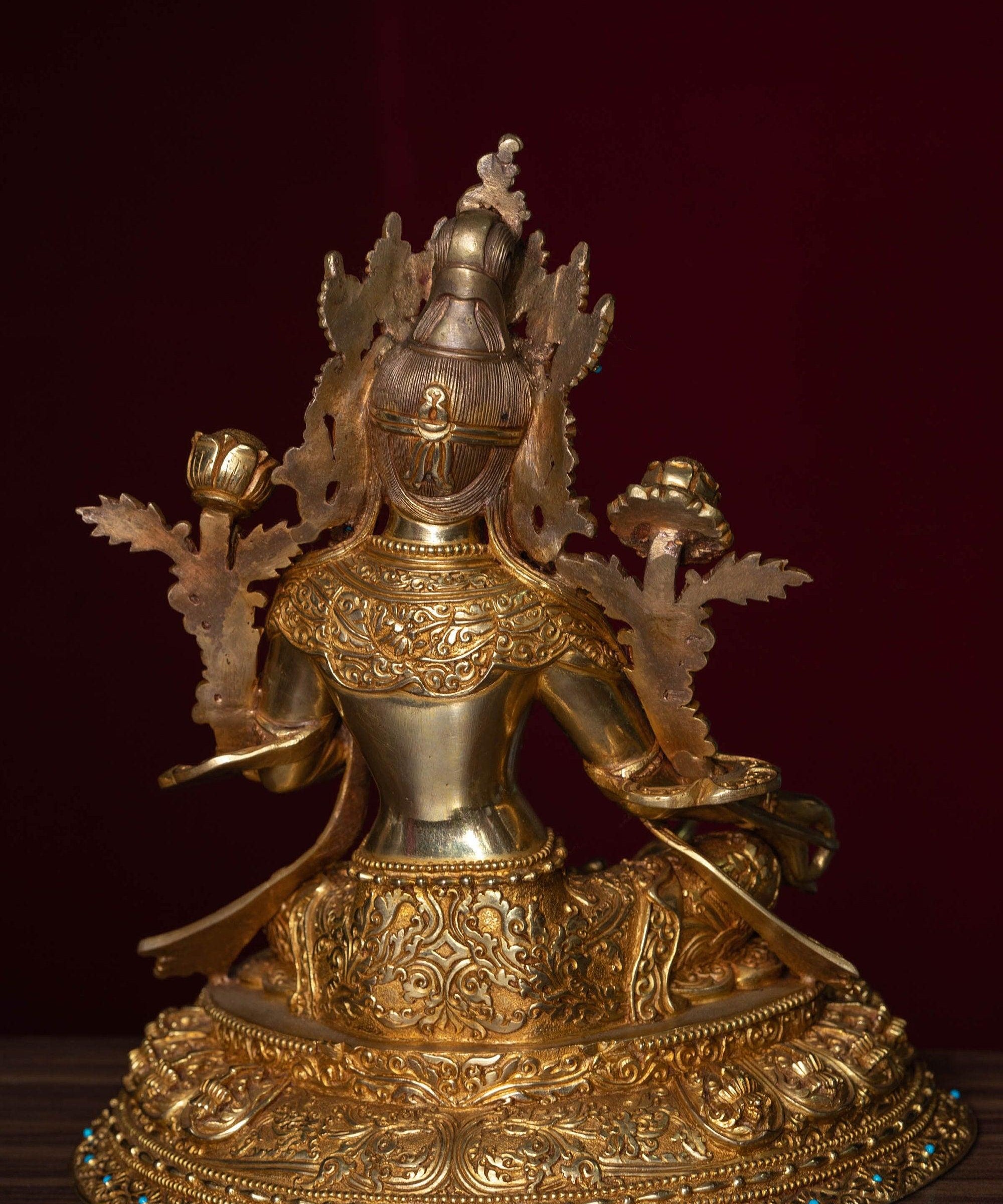 Green tara pure gold statue with coral and turquoise handmade statue 
