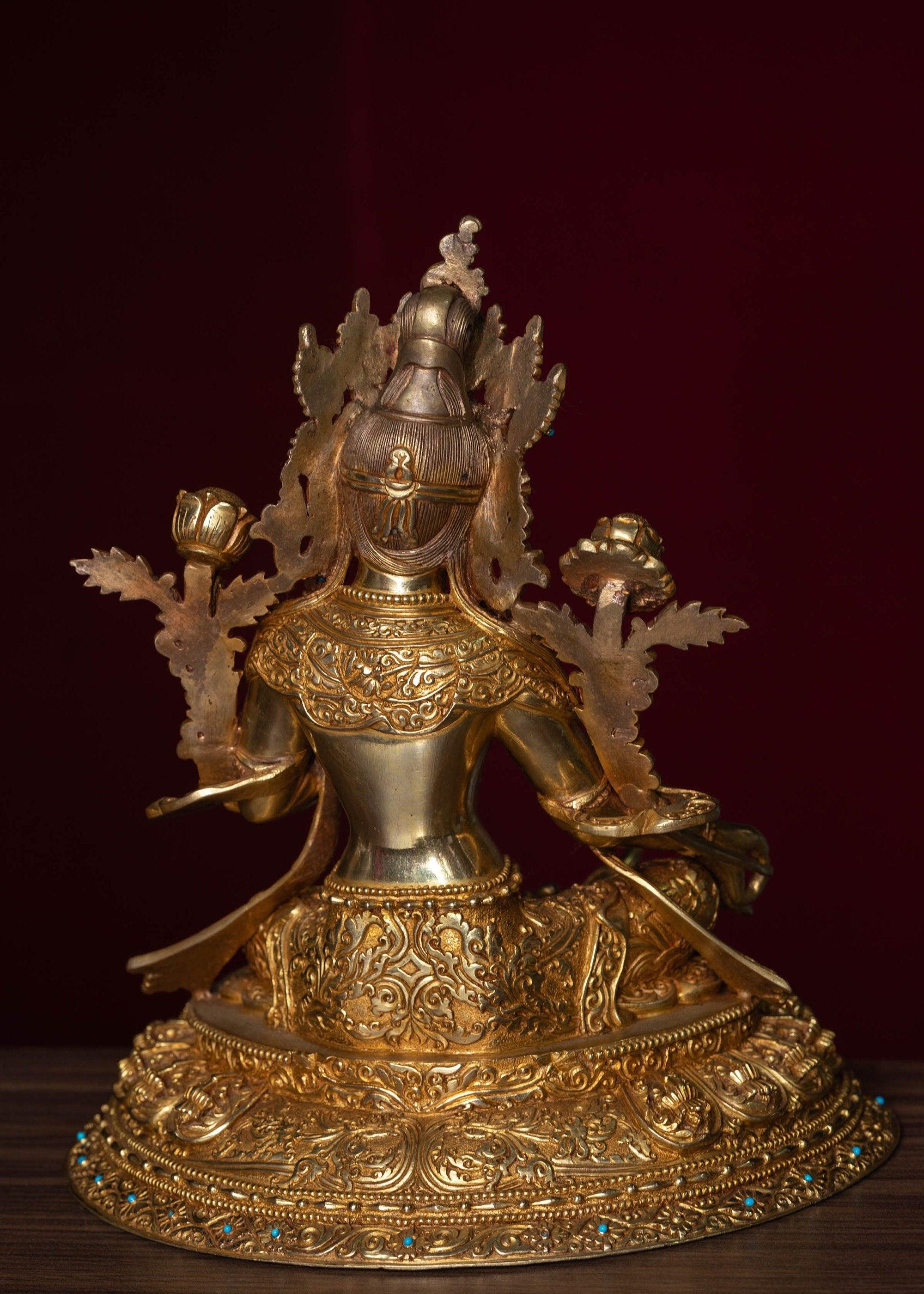 Green tara pure gold statue with coral and turquoise handmade statue 