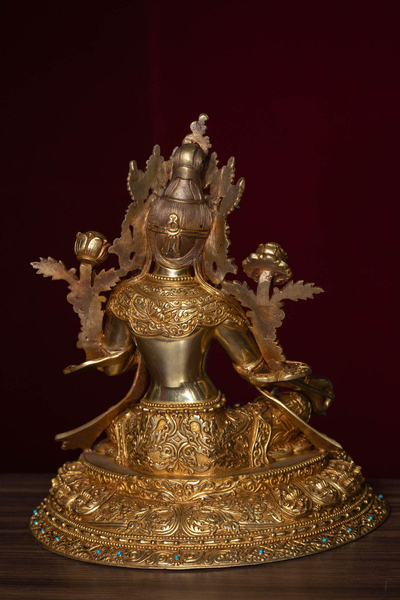 Green tara pure gold statue with coral and turquoise handmade statue 