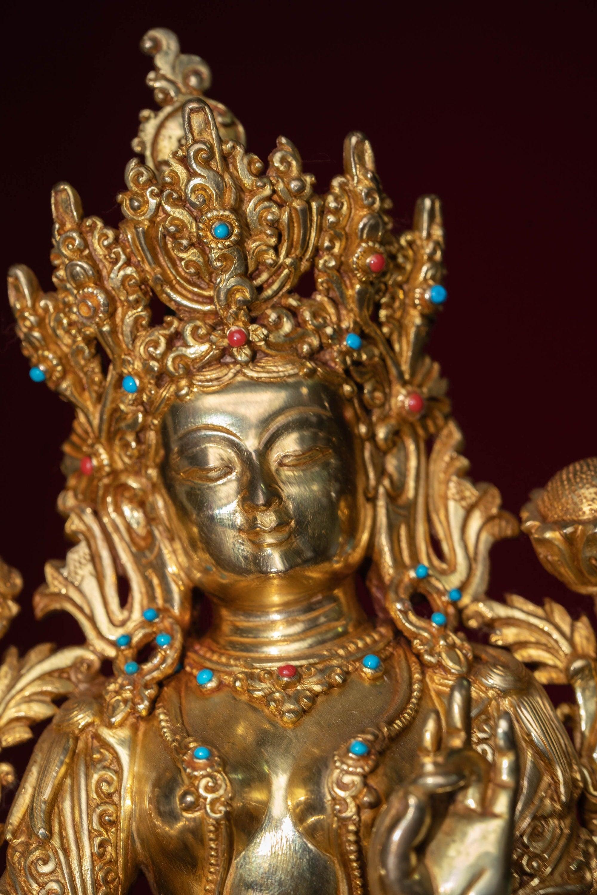 Green tara pure gold statue with coral and turquoise handmade statue 