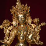 Green tara pure gold statue with coral and turquoise handmade statue 