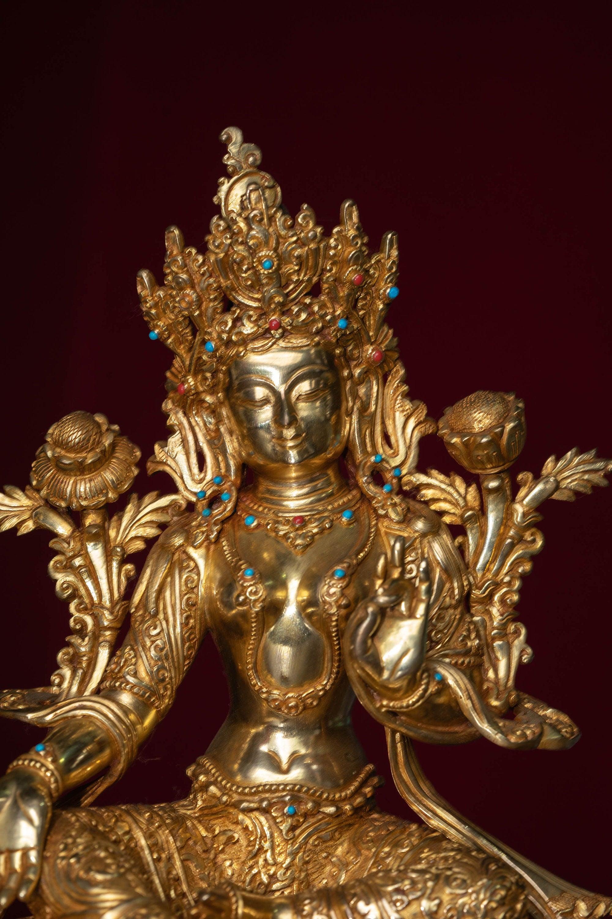 Green tara pure gold statue with coral and turquoise handmade statue 