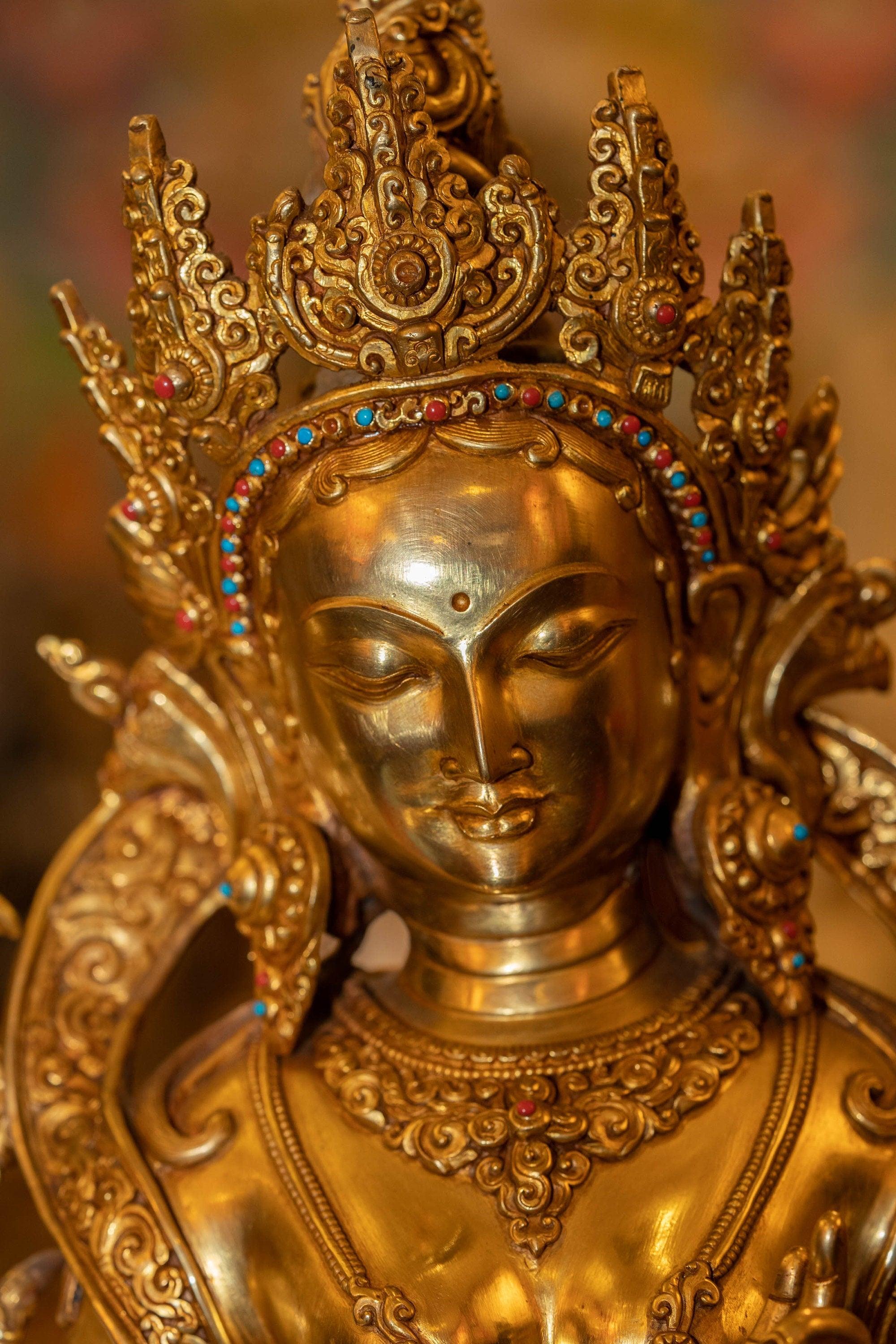 Green Tara Statue with Gold Plating - Himalayas Shop