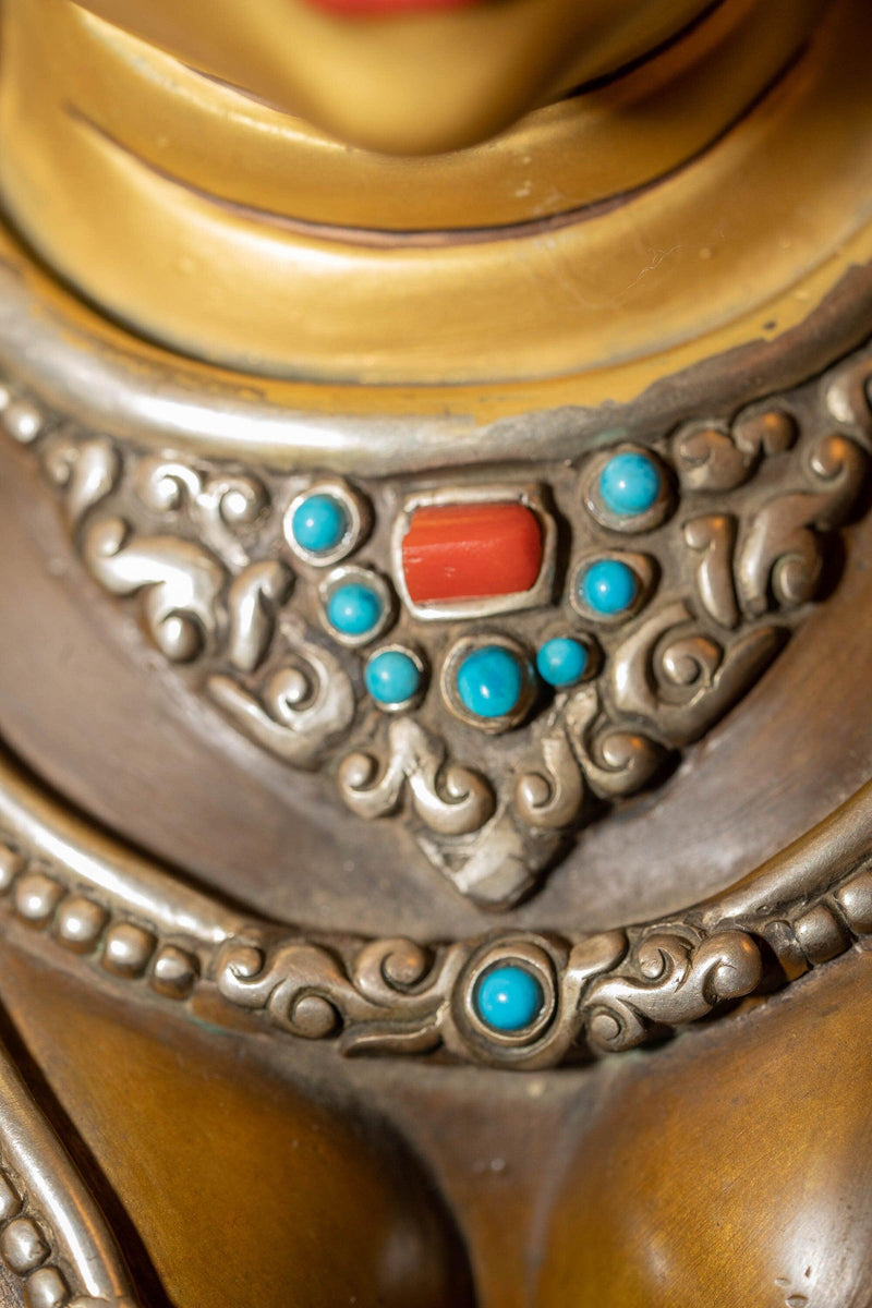 White tara statue with silver robes, crown and ruby turquoise jewelry in large size handmade metal statue