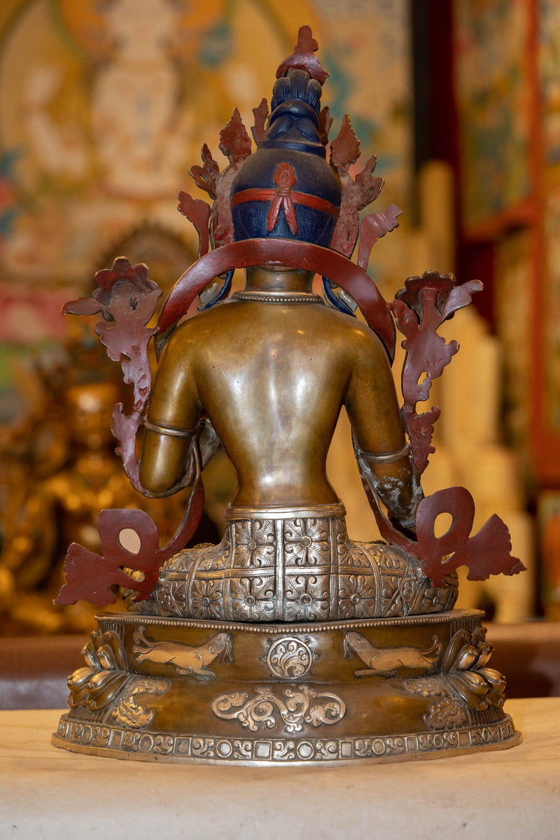 White tara statue with silver robes, crown and ruby turquoise jewelry in large size handmade metal statue
