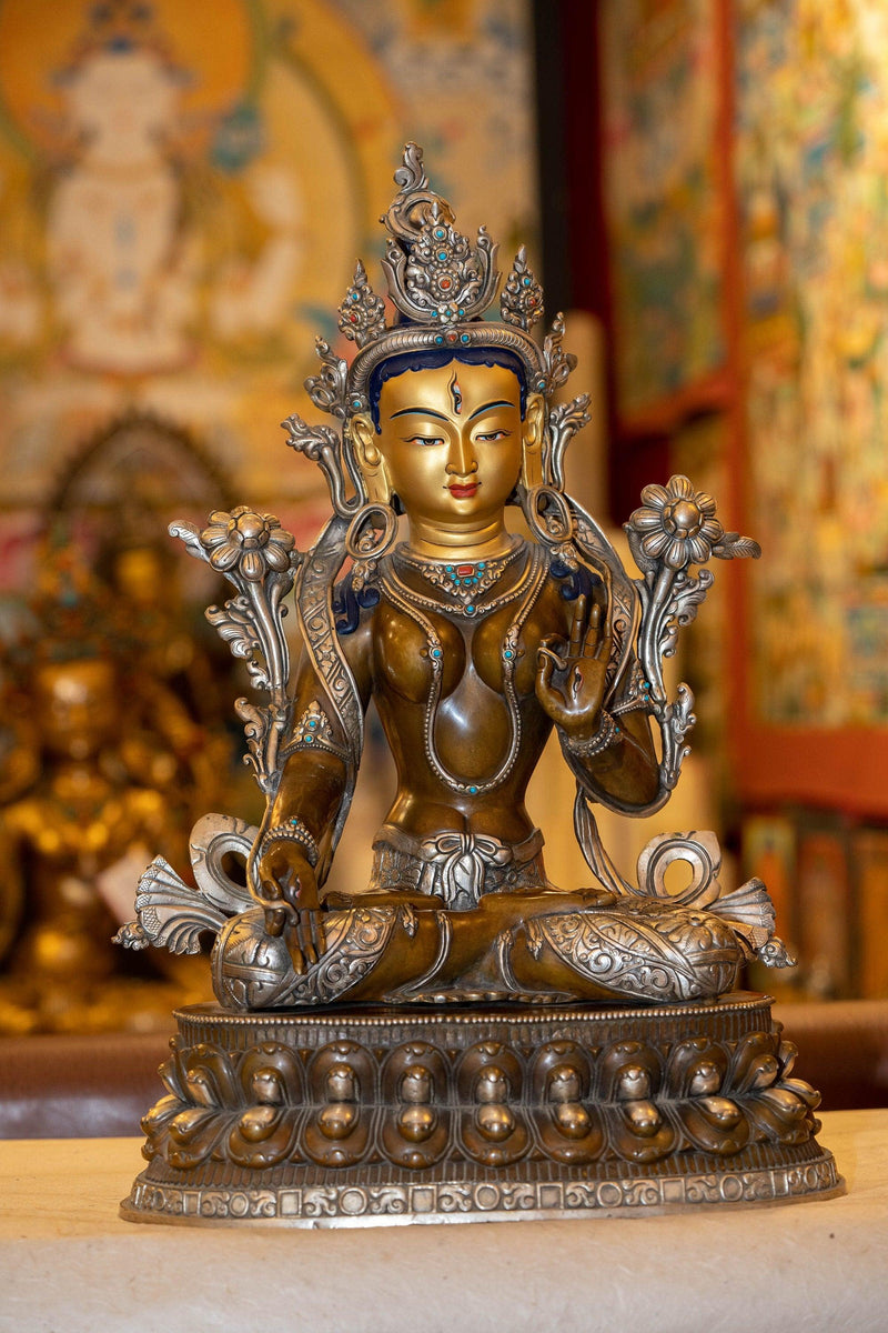 White Tara statue with silver robes, crown and ruby turquoise jewelry in large size handmade metal statue