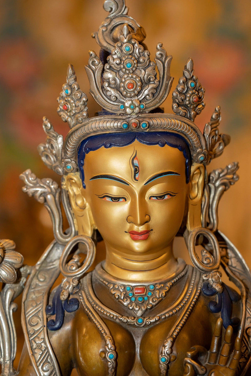 White tara statue with silver robes, crown and ruby turquoise jewelry in large size handmade metal statue