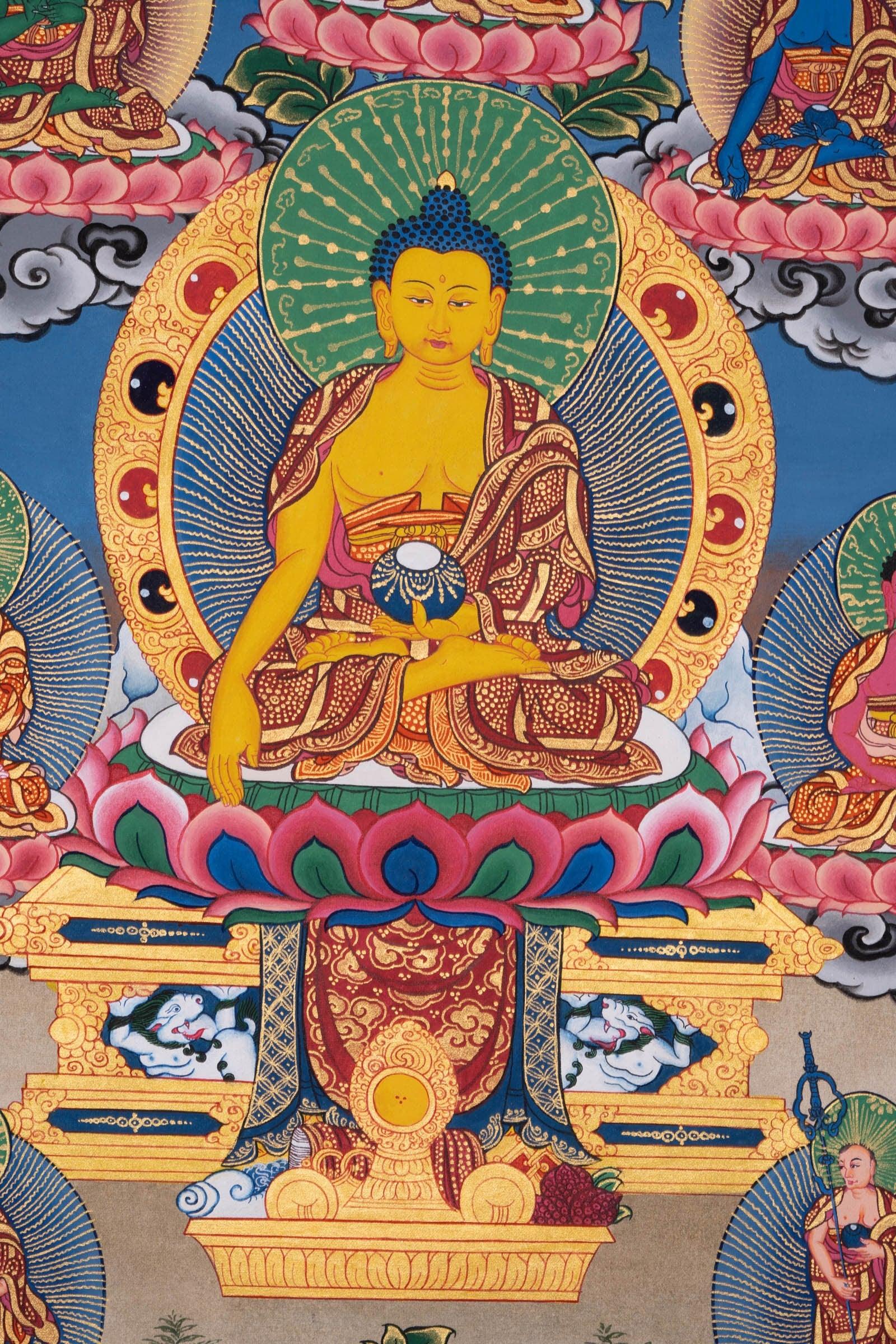 Pancha Buddha Thangka painting with his two first disciple Maudgalyayana and Śāriputra
