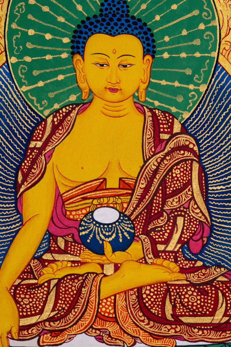 Pancha Buddha Thangka painting with his two first disciple Maudgalyayana and Śāriputra