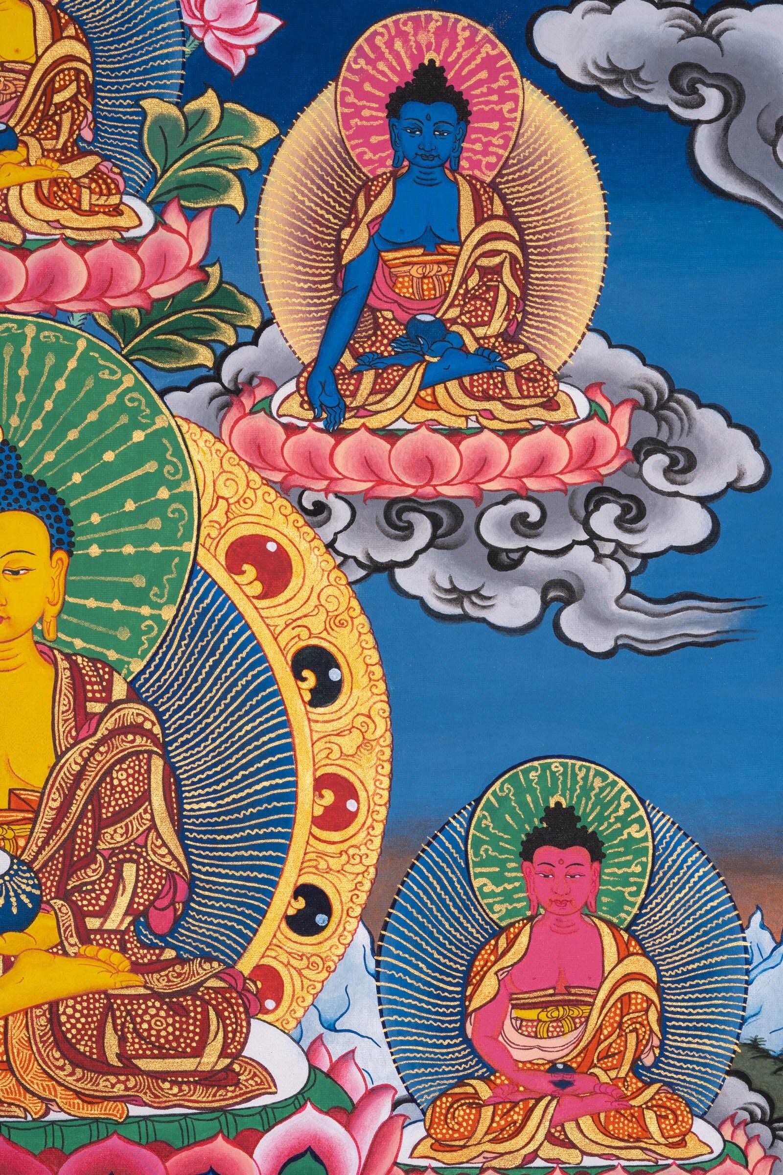Pancha Buddha Thangka painting with his two first disciple Maudgalyayana and Śāriputra