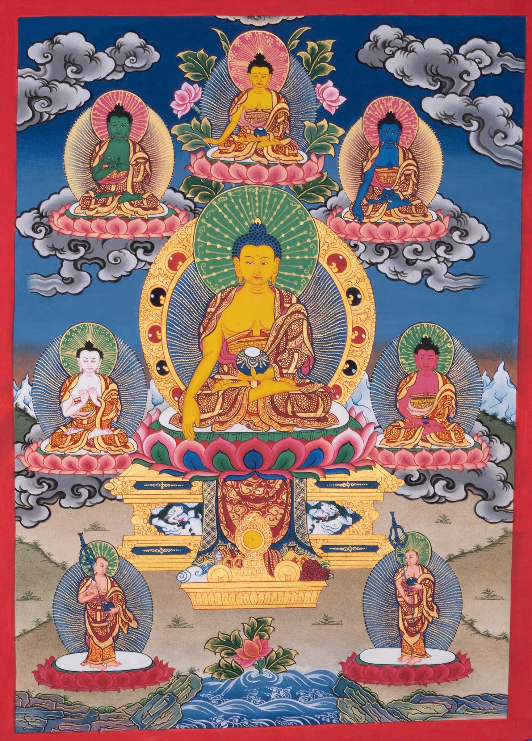 Pancha Buddha Thangka painting with his two first disciple Maudgalyayana and Śāriputra