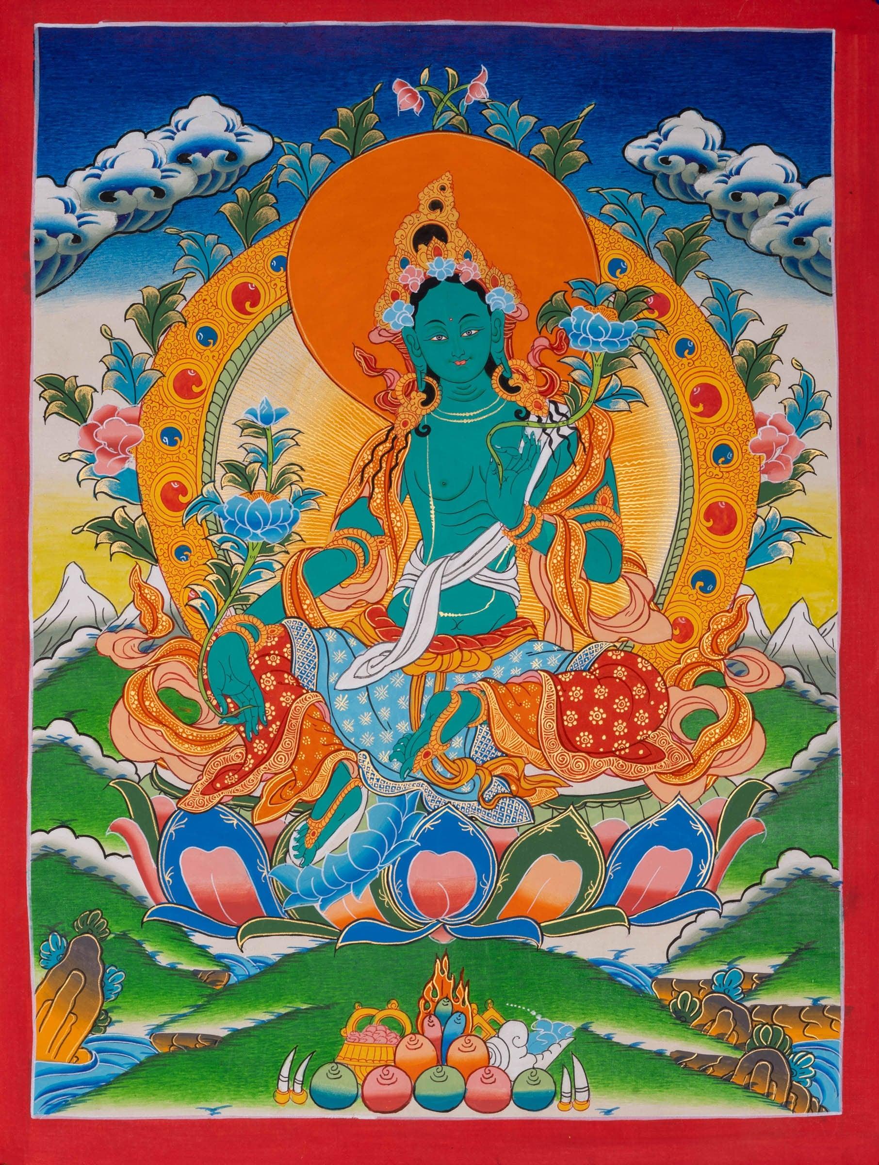 Beautiful Compassionate Green Tara Thangka Painting