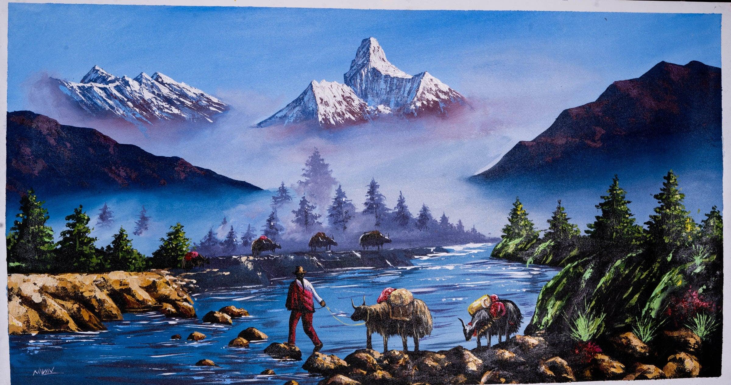 Mount Everest and Mt Ama Dublam Oil Painting - Himalayas Shop