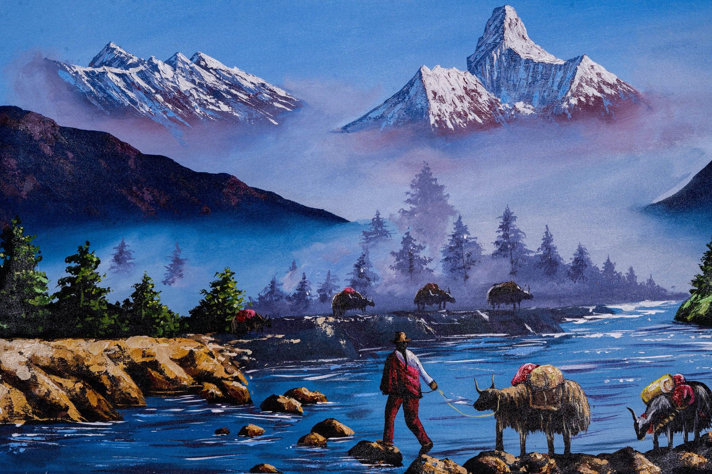 Mount Everest and Mt Ama Dublam Oil Painting - Himalayas Shop