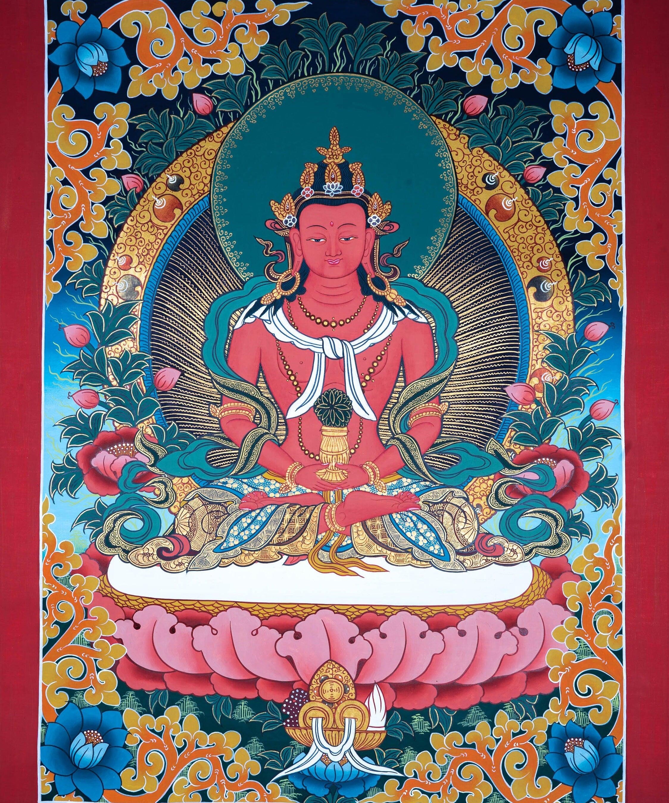Amitayus Buddha Thangka Painting on lotus