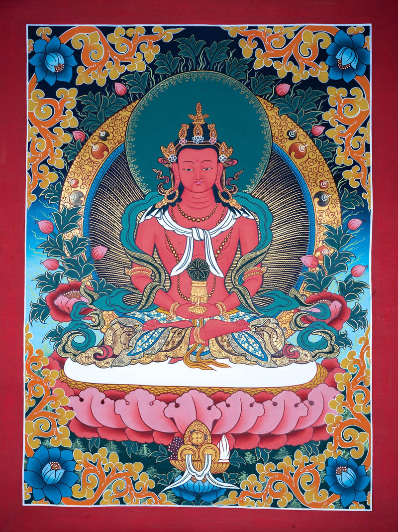 Amitayus Buddha Thangka Painting on lotus