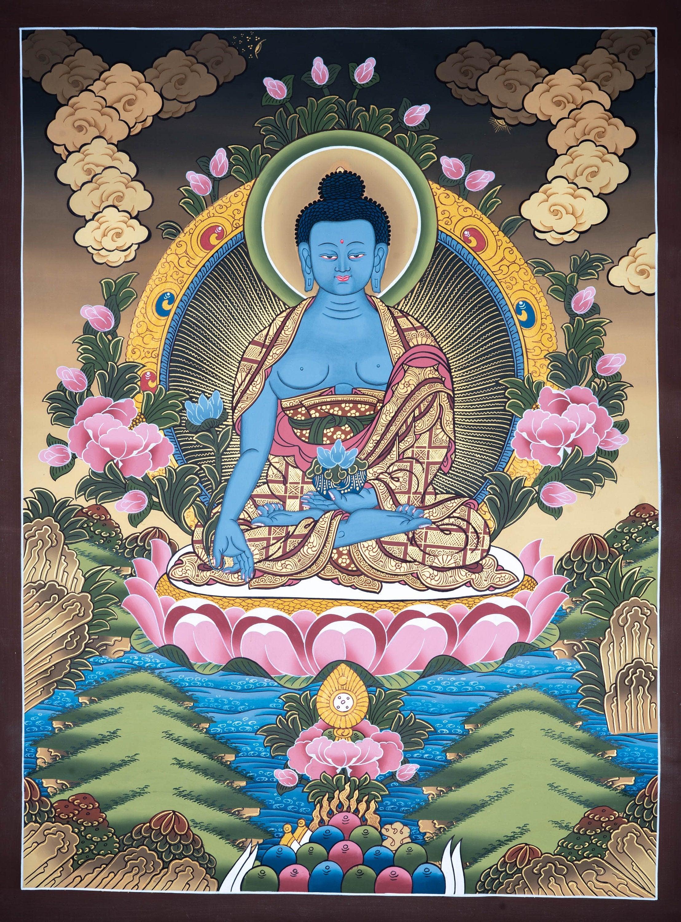 Blue healing Medicine Buddha Thangka painting 
