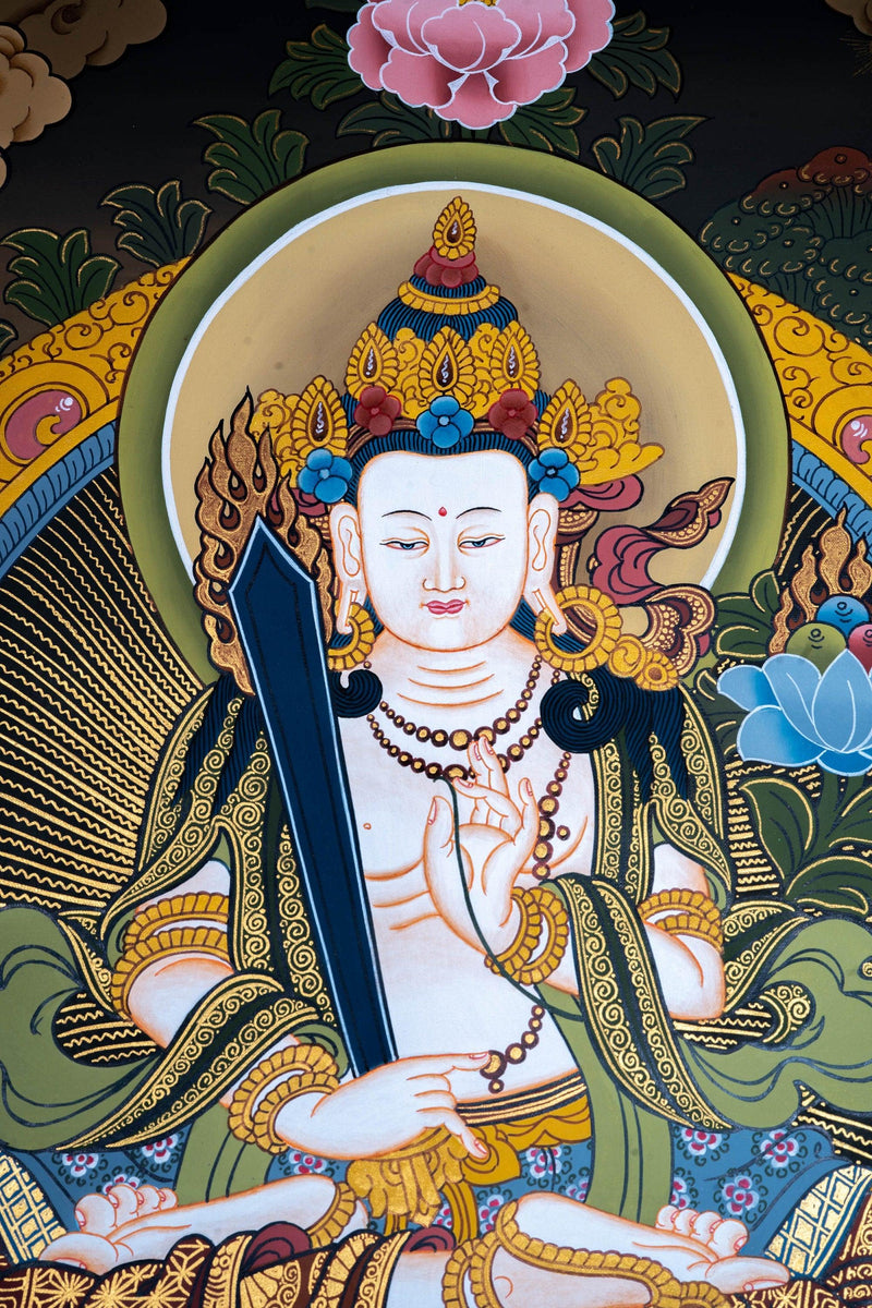Manjushri Thangka painting on lotus with flaming sword