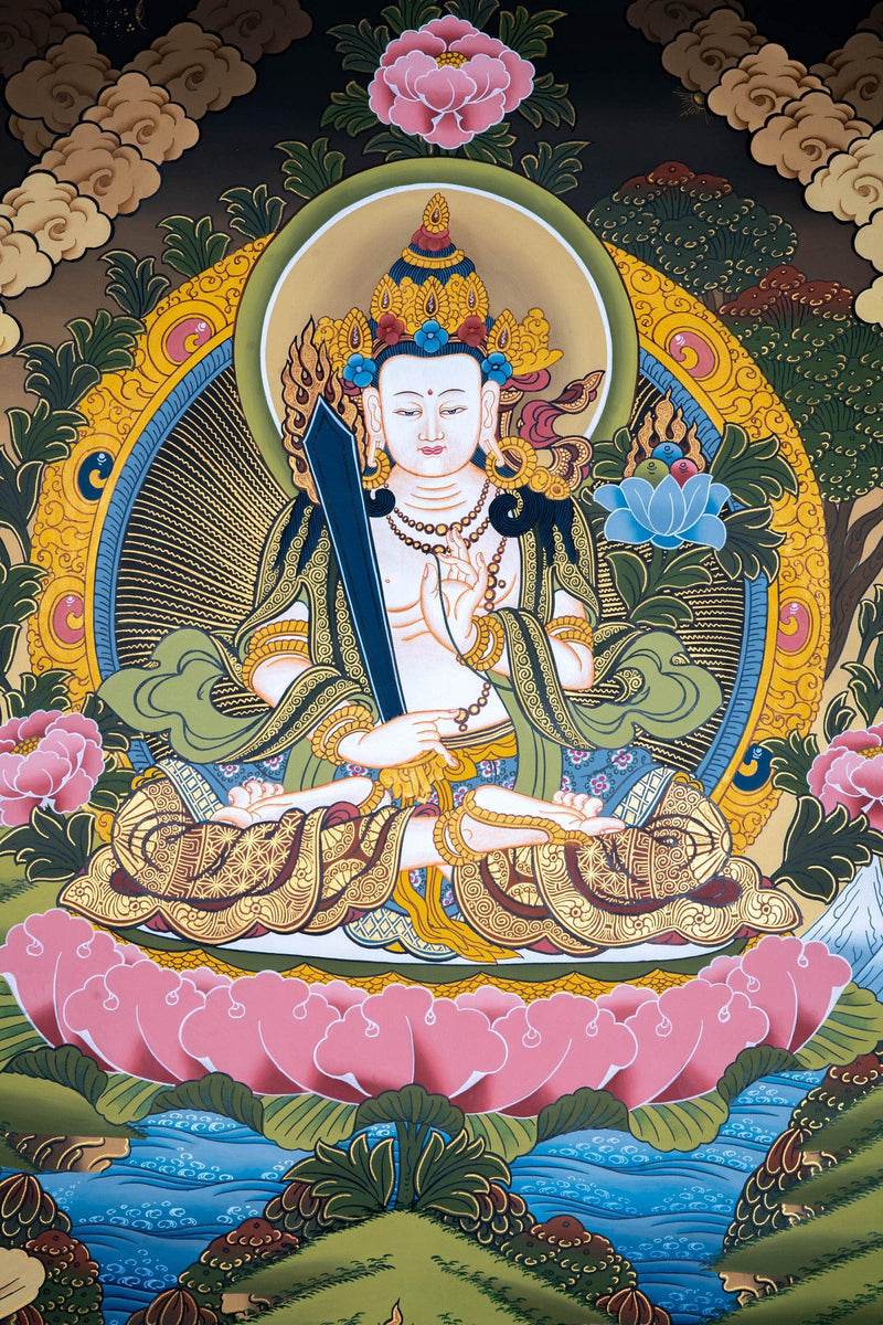 Manjushri Thangka painting on lotus with flaming sword