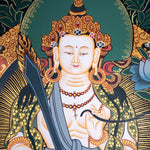 Manjushri Thangka painting in Chinese Art . Buddha of Wisdom and  cutting ignorance with his sword of flames.