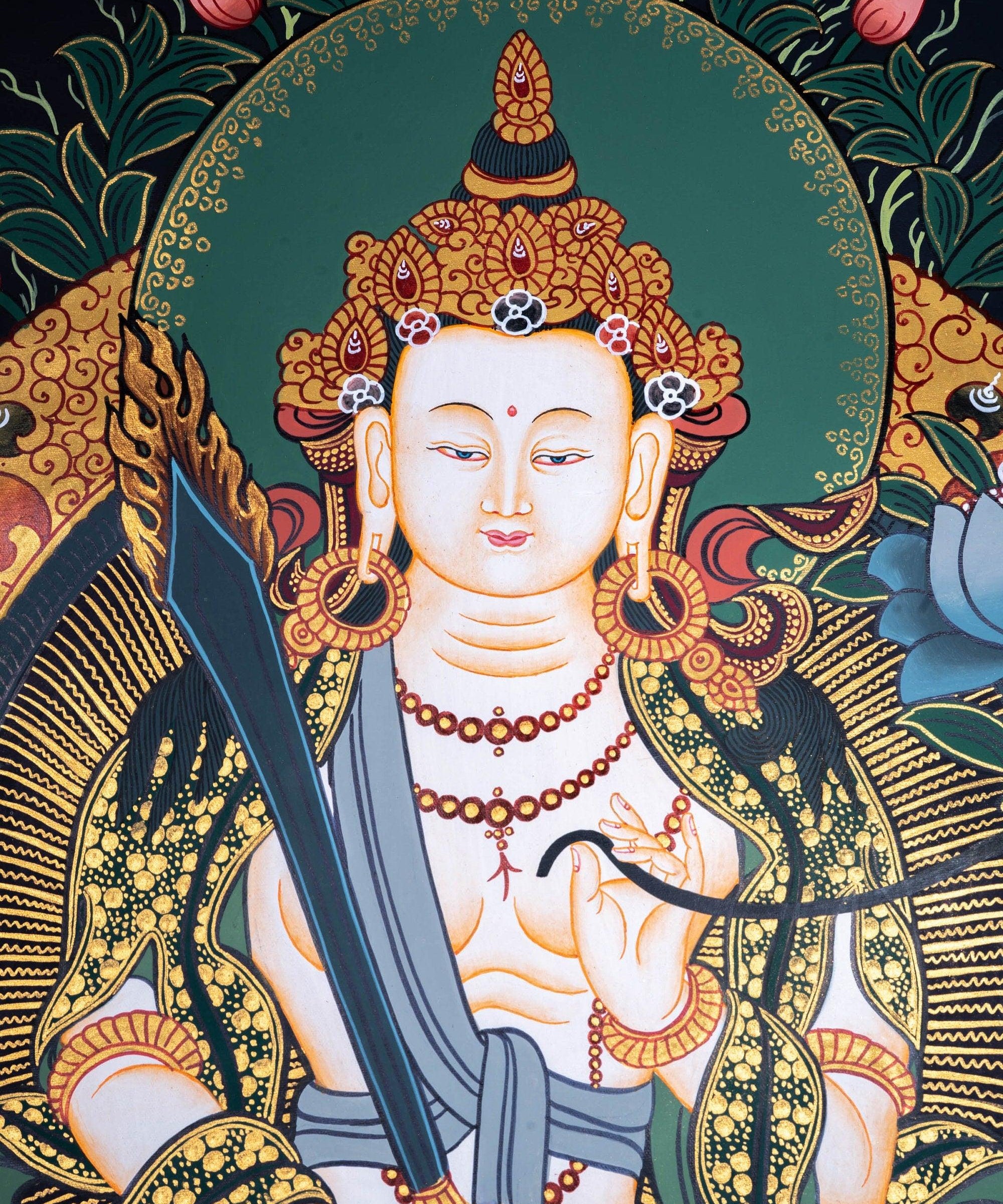 Manjushri Thangka painting in Chinese Art . Buddha of Wisdom and  cutting ignorance with his sword of flames.