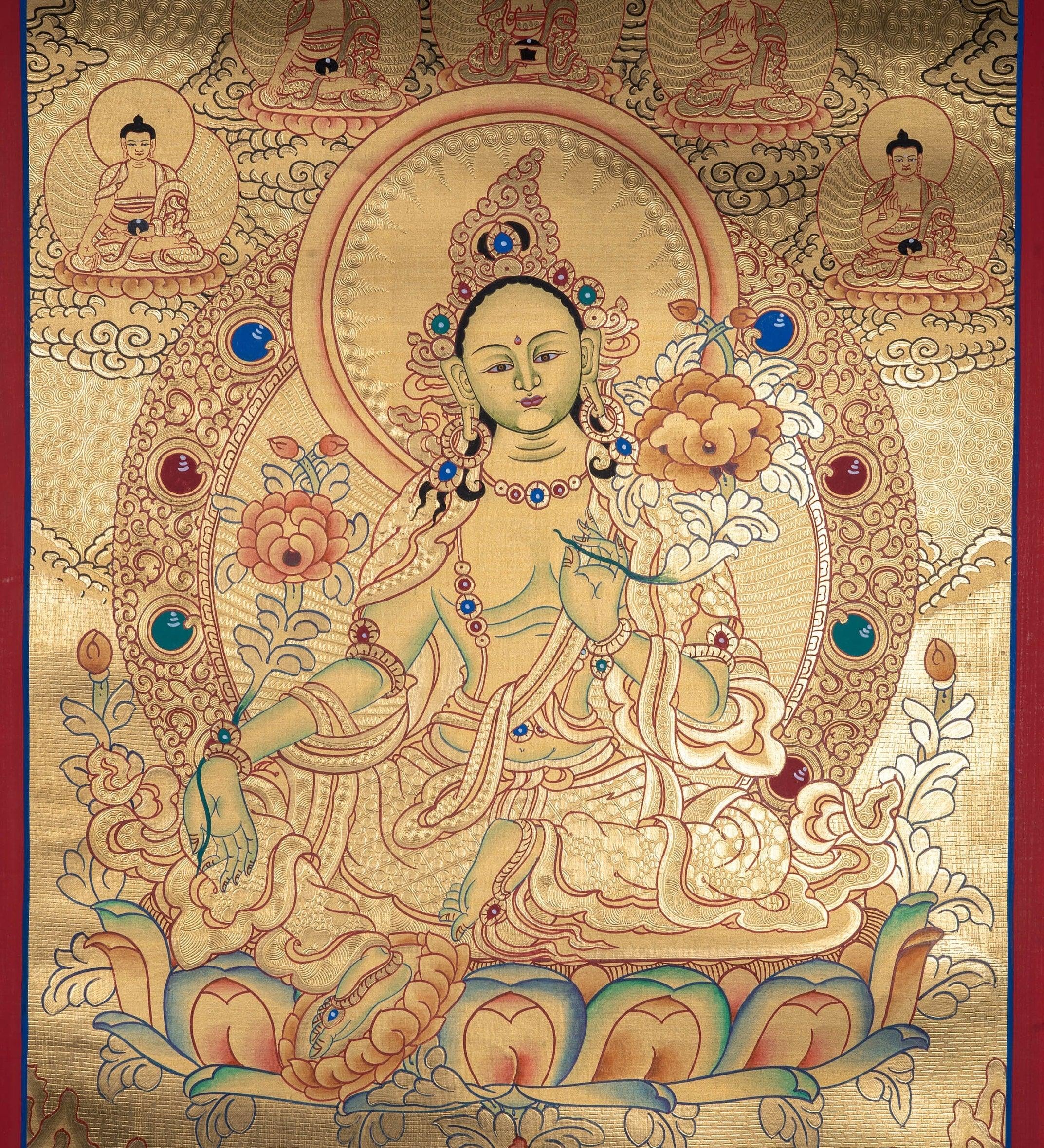 Gold Painted Green Tara Thangka - Himalayas Shop