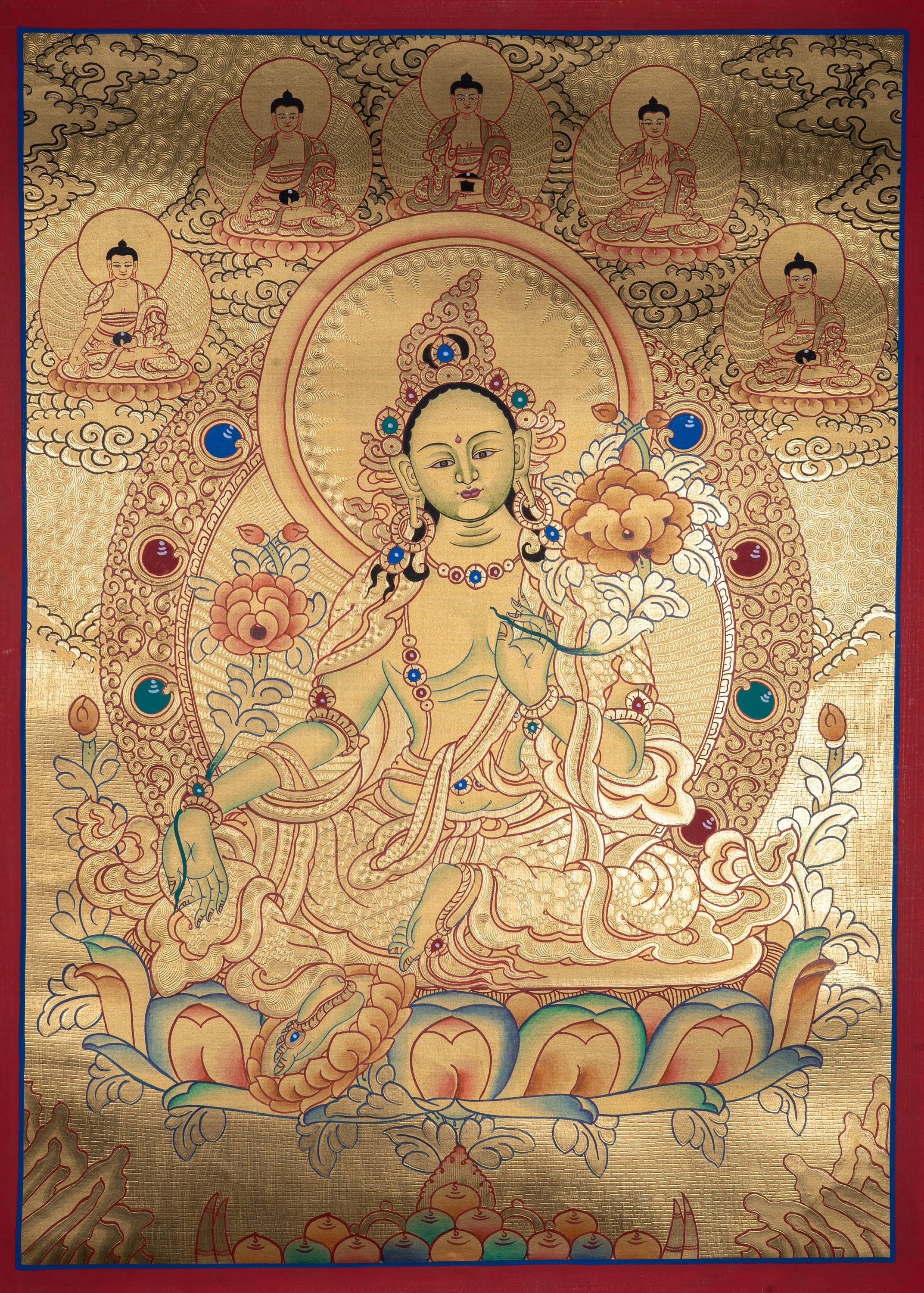 Gold Painted Green Tara Thangka - Himalayas Shop