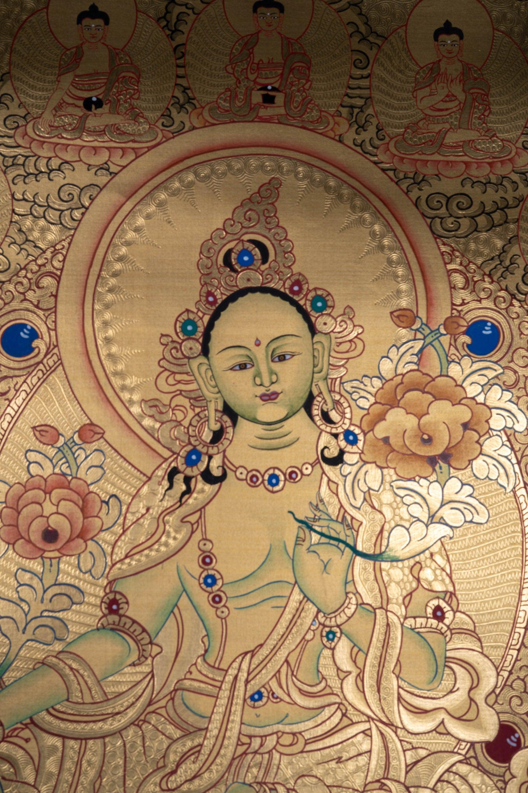 Gold Painted Green Tara Thangka - Himalayas Shop