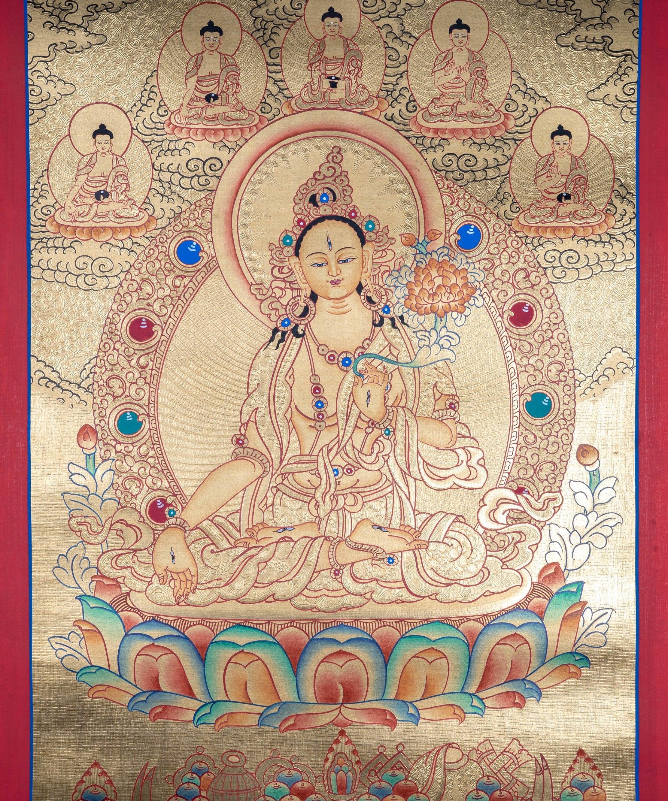 White Tara with Five Buddhas Thangka - Himalayas Shop