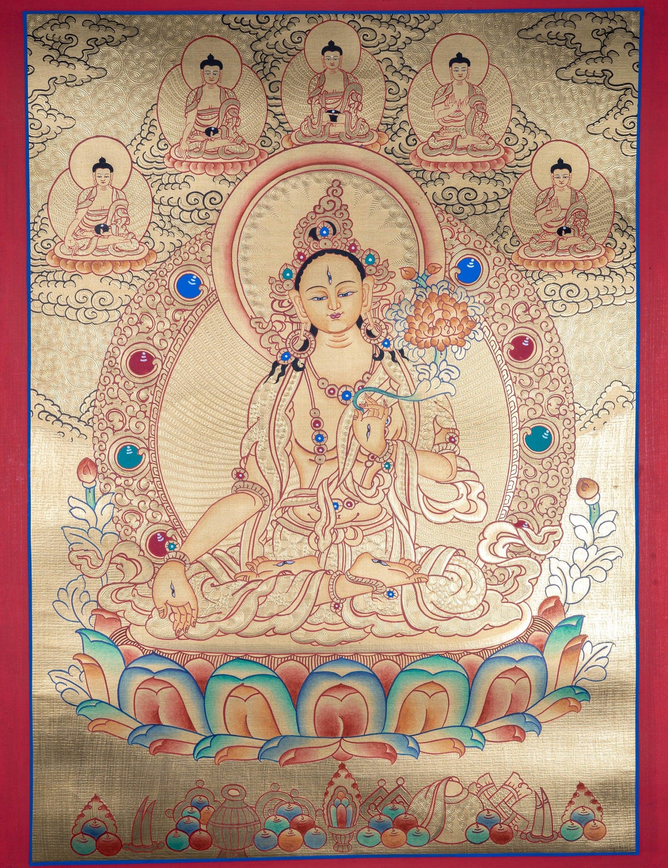 White Tara with Five Buddhas Thangka - Himalayas Shop
