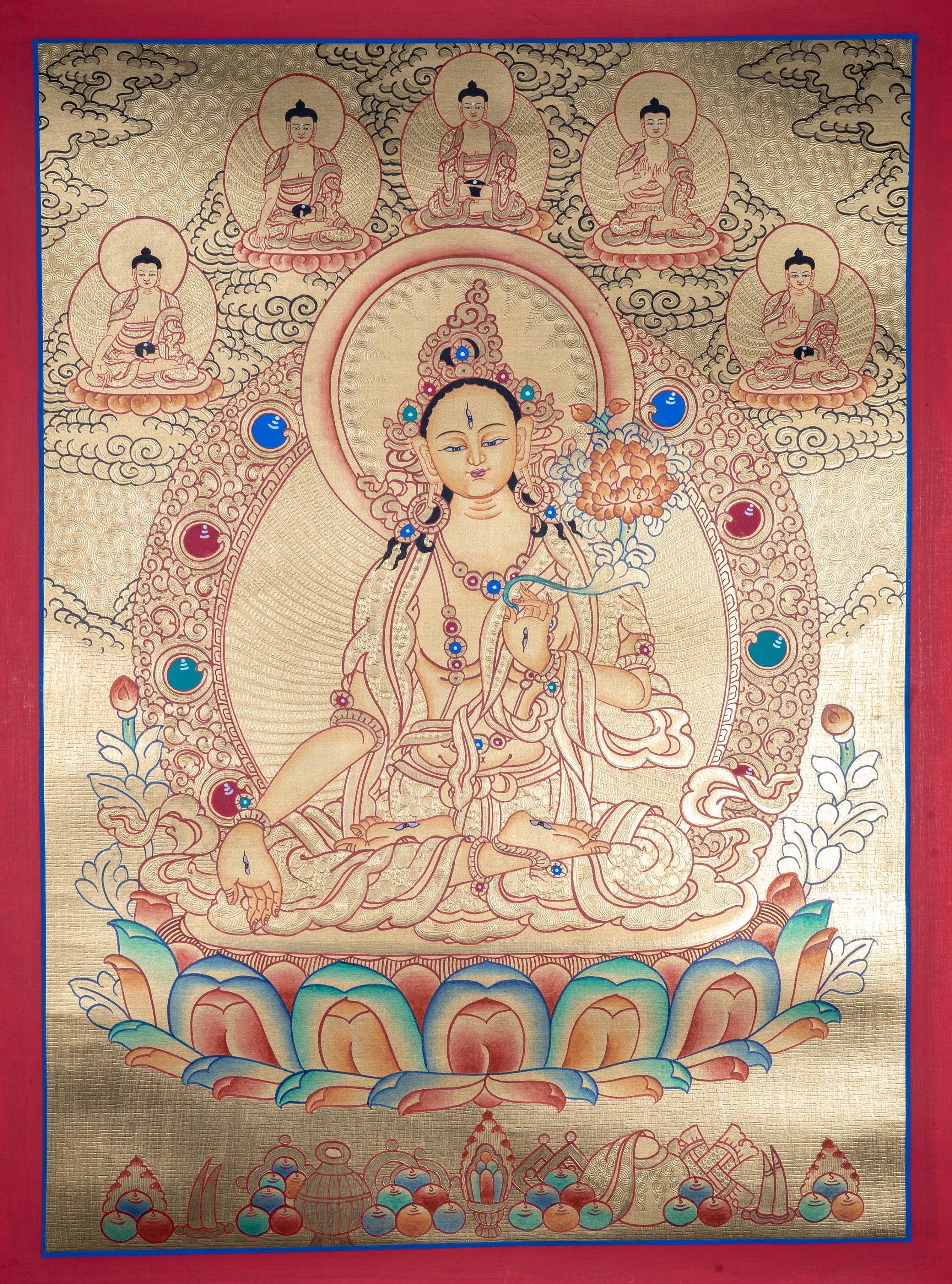 White Tara with Five Buddhas Thangka - Himalayas Shop