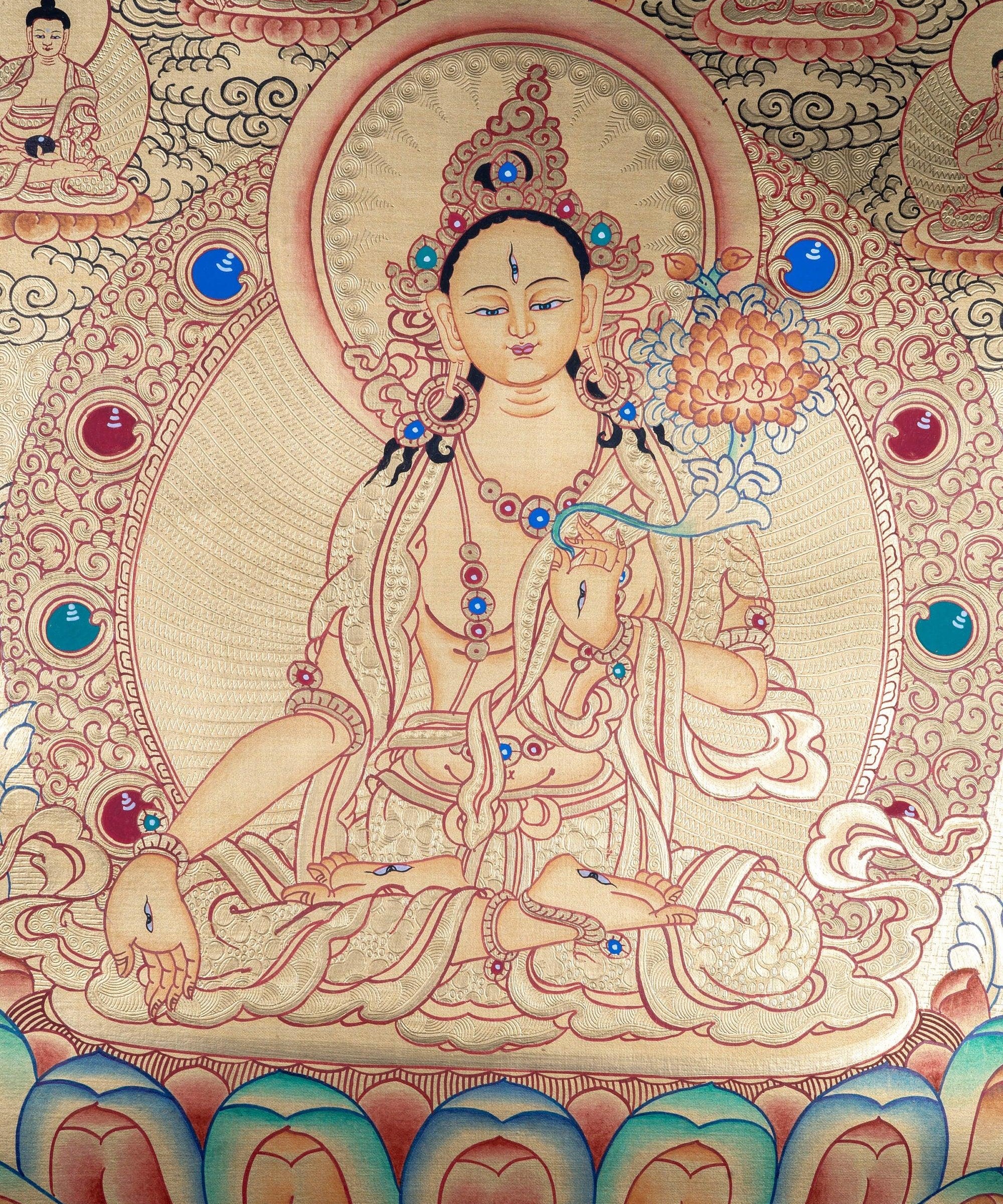 White Tara with Five Buddhas Thangka - Himalayas Shop