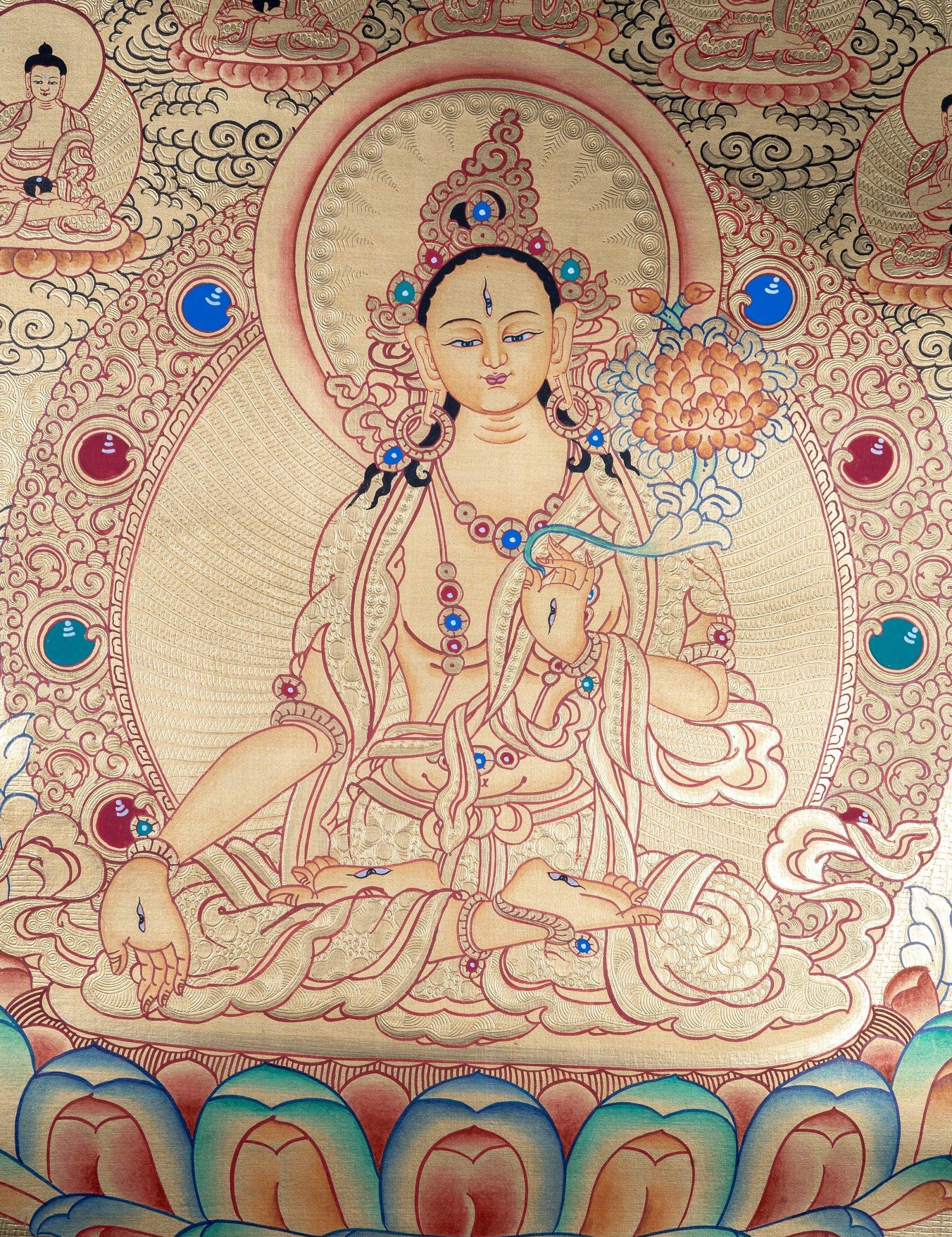 White Tara with Five Buddhas Thangka - Himalayas Shop