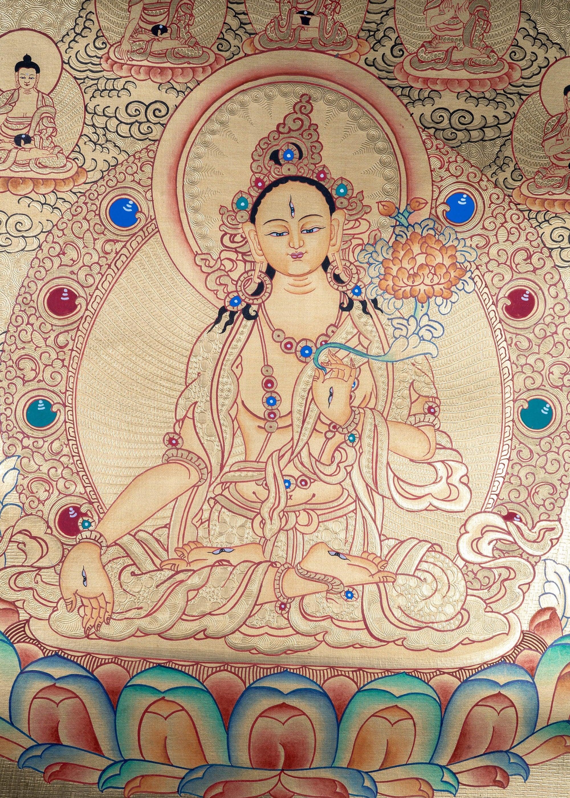 White Tara with Five Buddhas Thangka - Himalayas Shop
