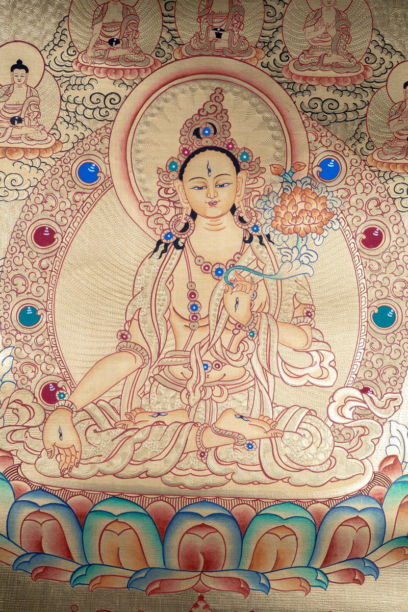 White Tara with Five Buddhas Thangka - Himalayas Shop