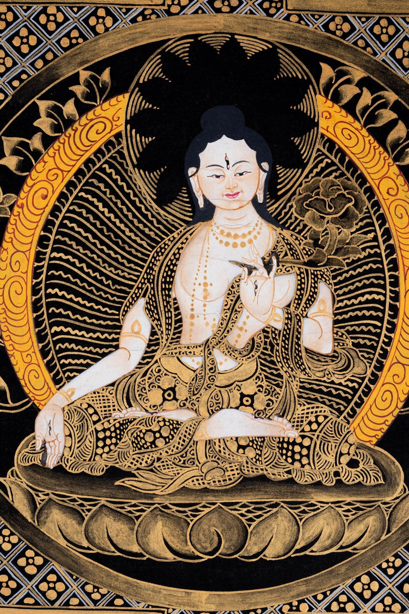White Tara Round Mandala Tibetan Thangka Art - Himalayas Shop