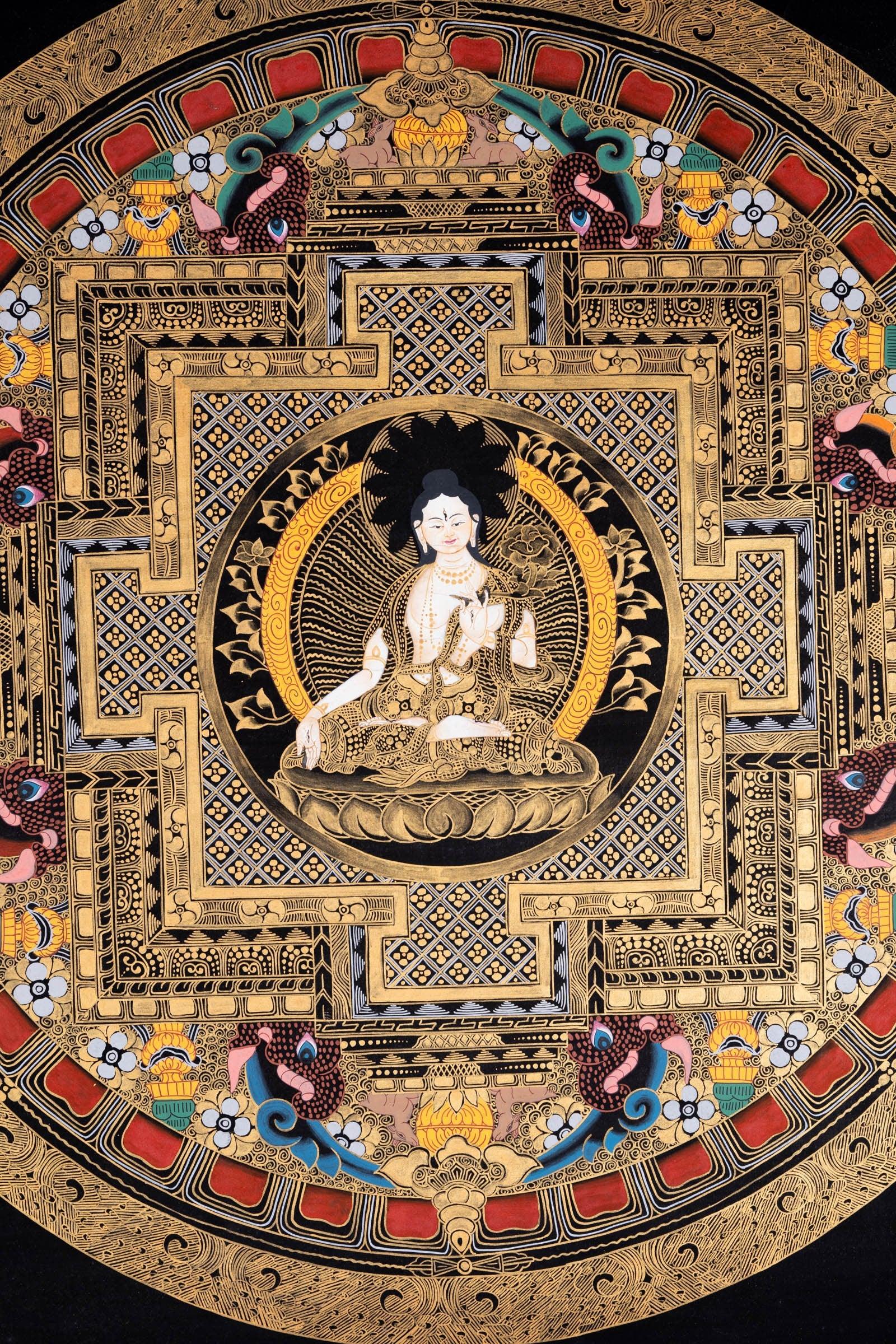 White Tara Round Mandala Tibetan Thangka Art - Himalayas Shop