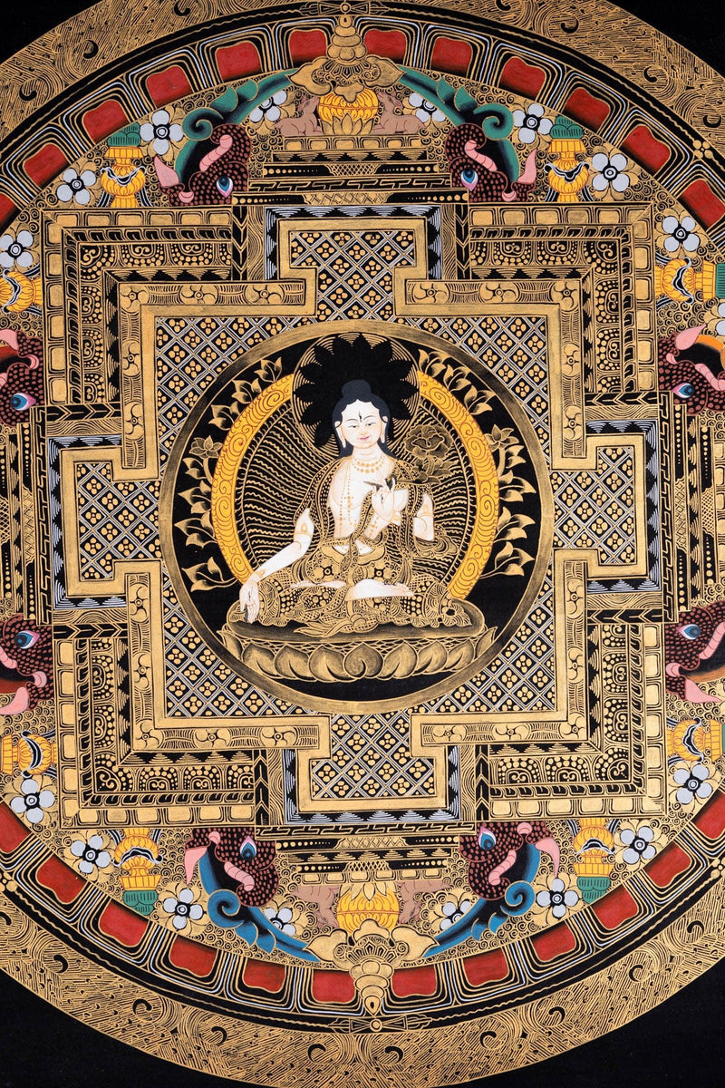 White Tara Round Mandala Tibetan Thangka Art - Himalayas Shop