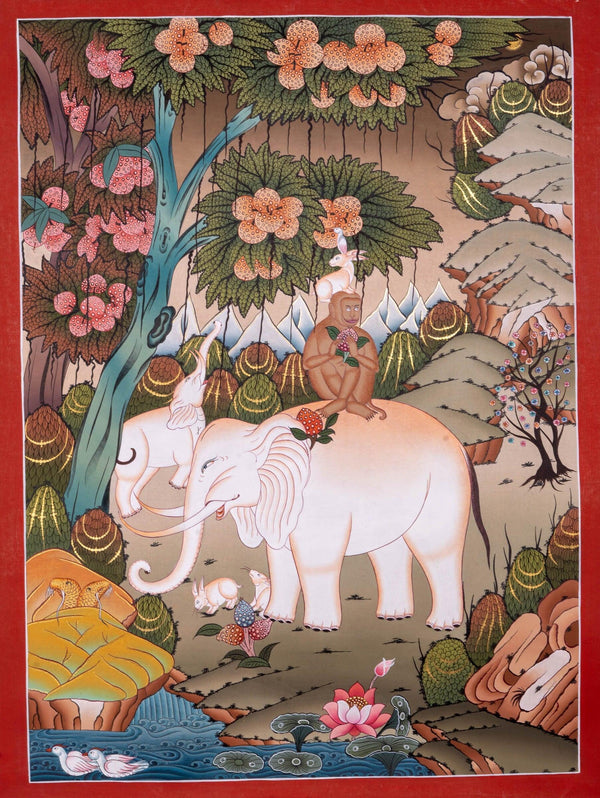 Thangka Painting of 4 Harmonious Friends - Himalayas Shop