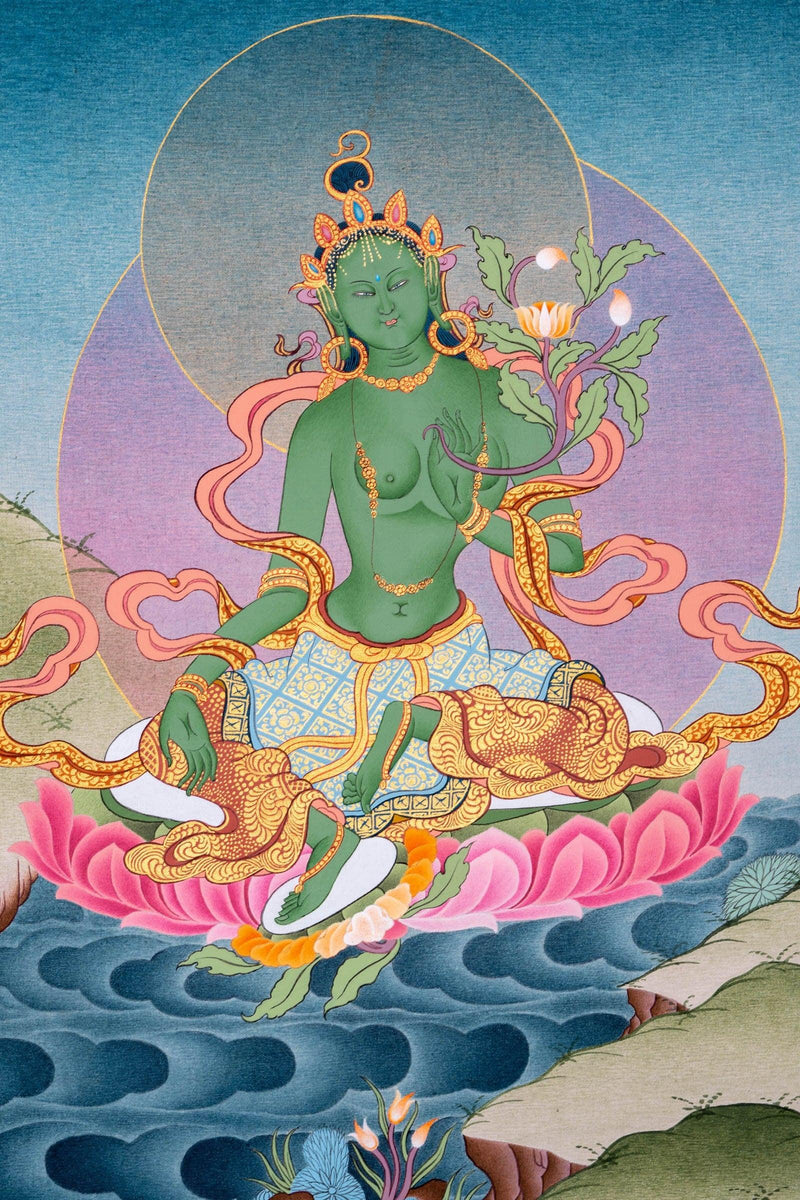 Beautiful Compassionate Green Tara Thangka Painting - Himalayas Shop
