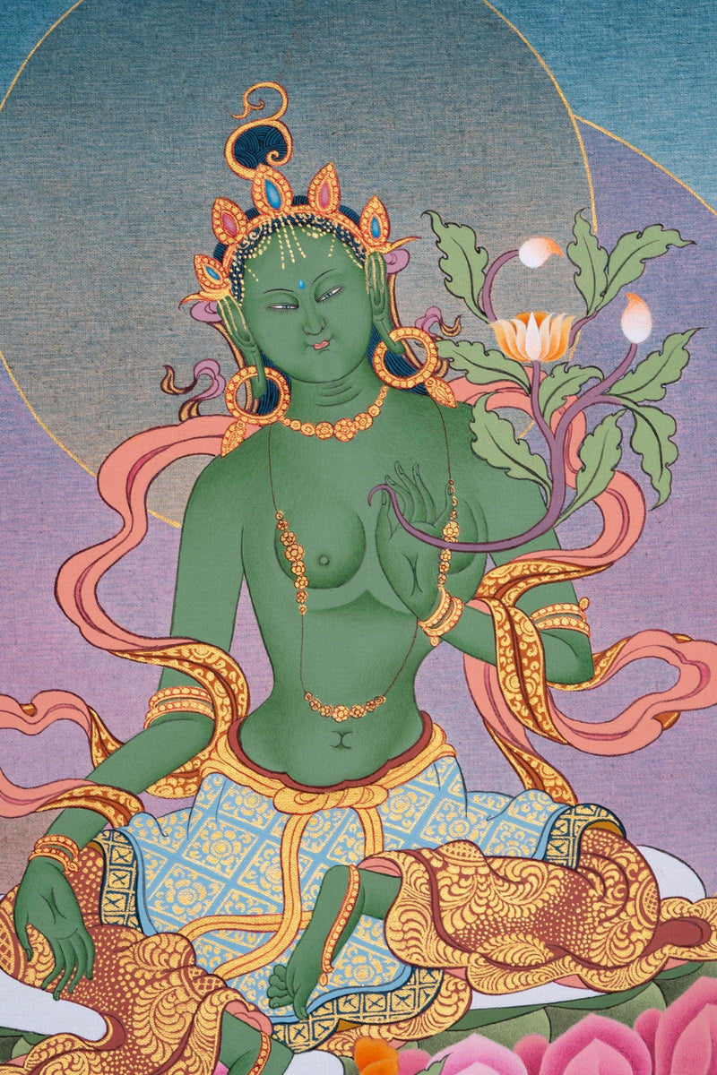 Beautiful Compassionate Green Tara Thangka Painting - Himalayas Shop