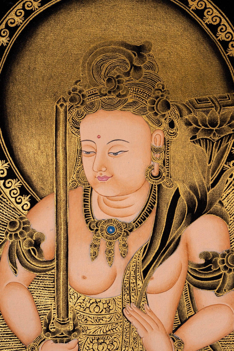 Pancha Buddha Thangka painting with his two first disciple Maudgalyayana and Śāriputra