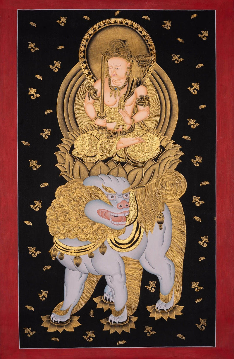 Japanese Thangka painting of Monju Bosatsu on lion .
