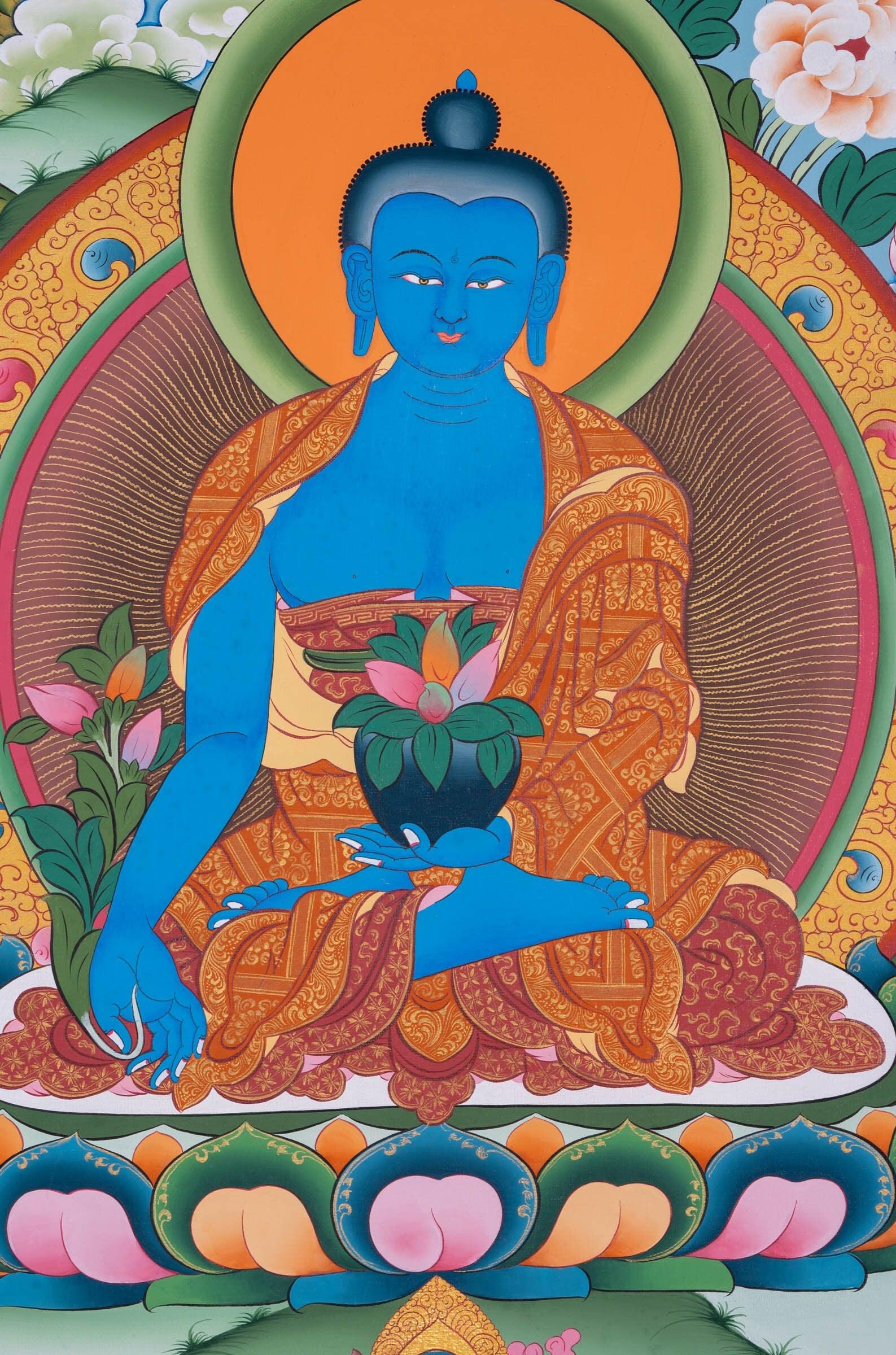 Blue Healing Buddha (Bhaisajyaguru Art) thangka painting - Himalayas Shop