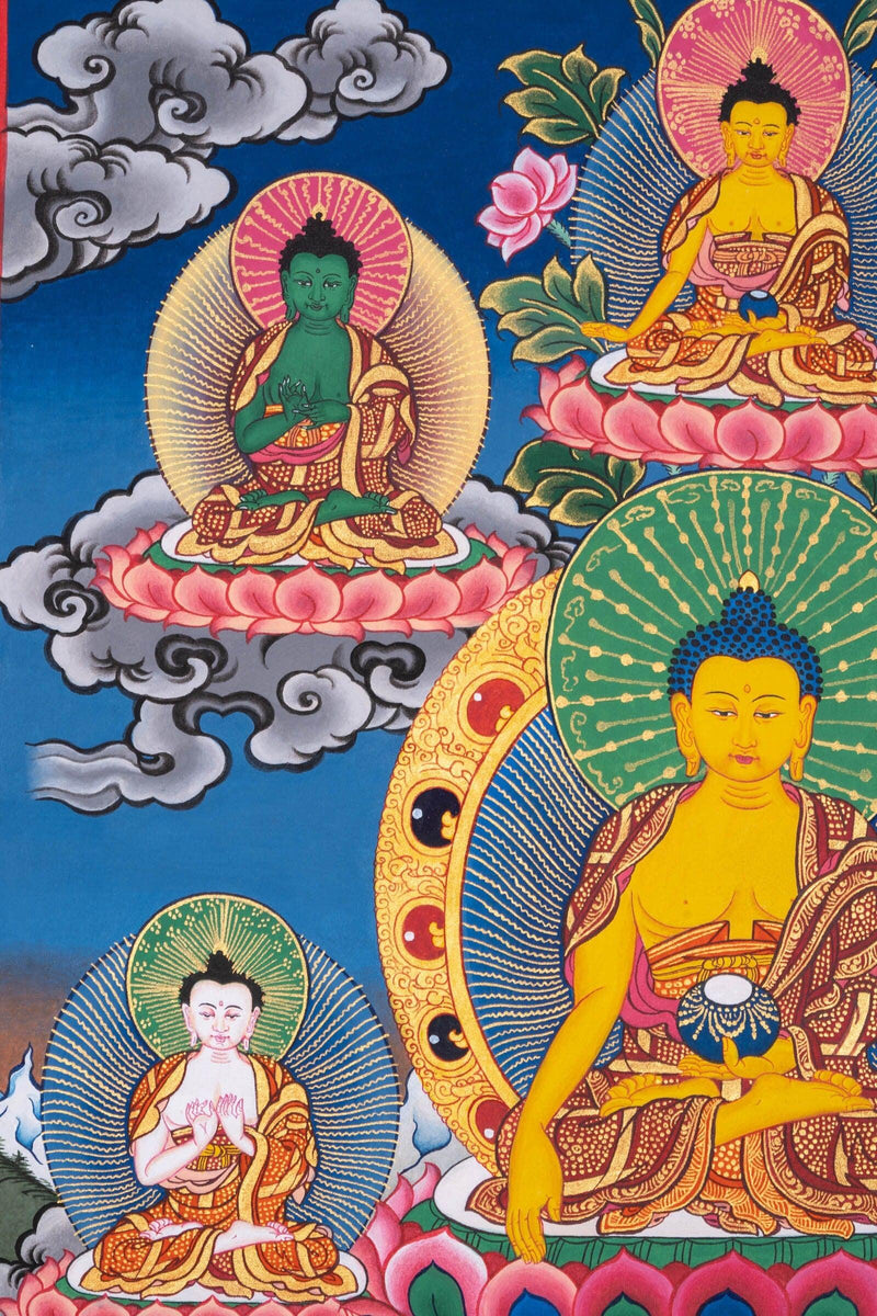 Pancha Buddha Thangka painting with his two first disciple Maudgalyayana and Śāriputra