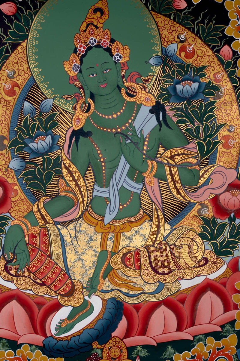 Beautiful Green Tara Thangka Painting - Himalayas Shop