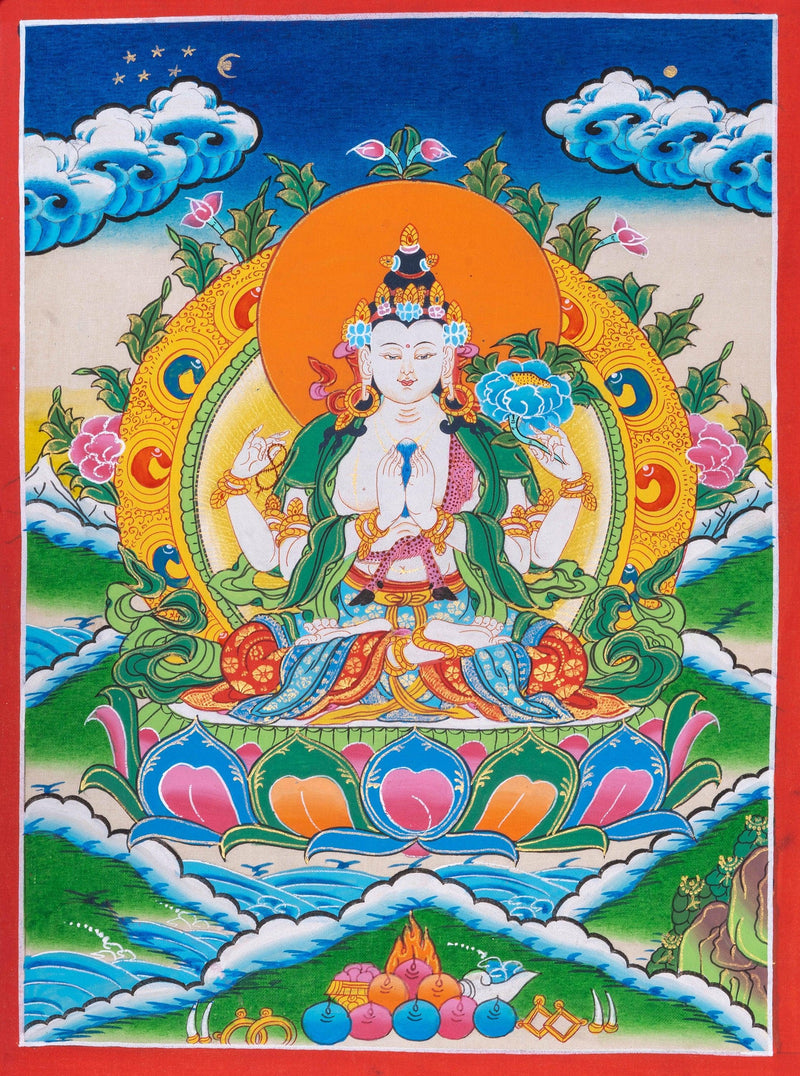 4 arms Chengresi Bodhisattva Thangka Painting - Himalayas Shop