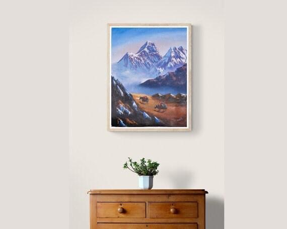 Oil Painting of Mount Everest - Yaks on their way - Himalayas Shop