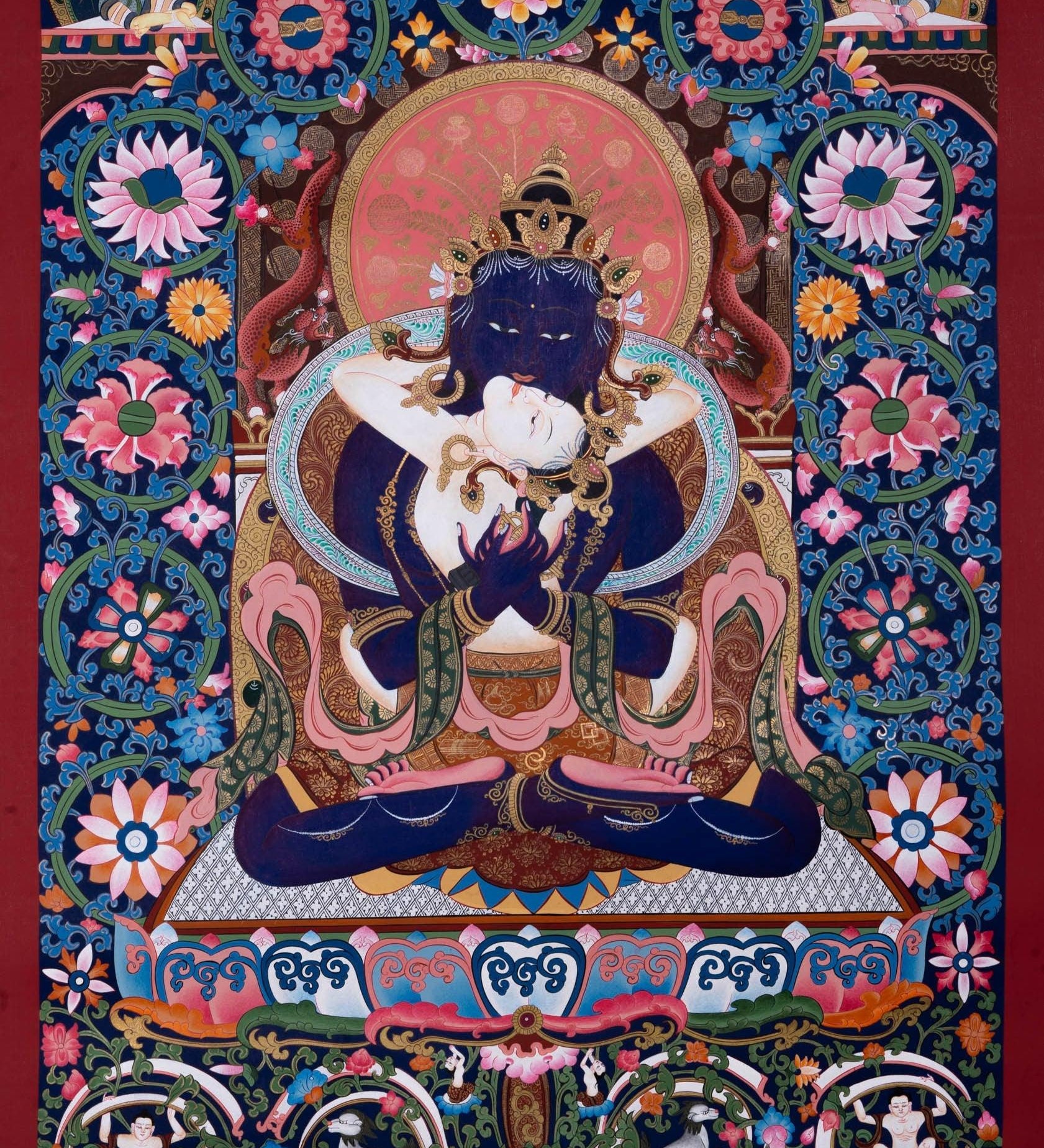 Vajradhara Thangka Painting with floral background art . Bajra Dhara sitting on Lotus with his consort.